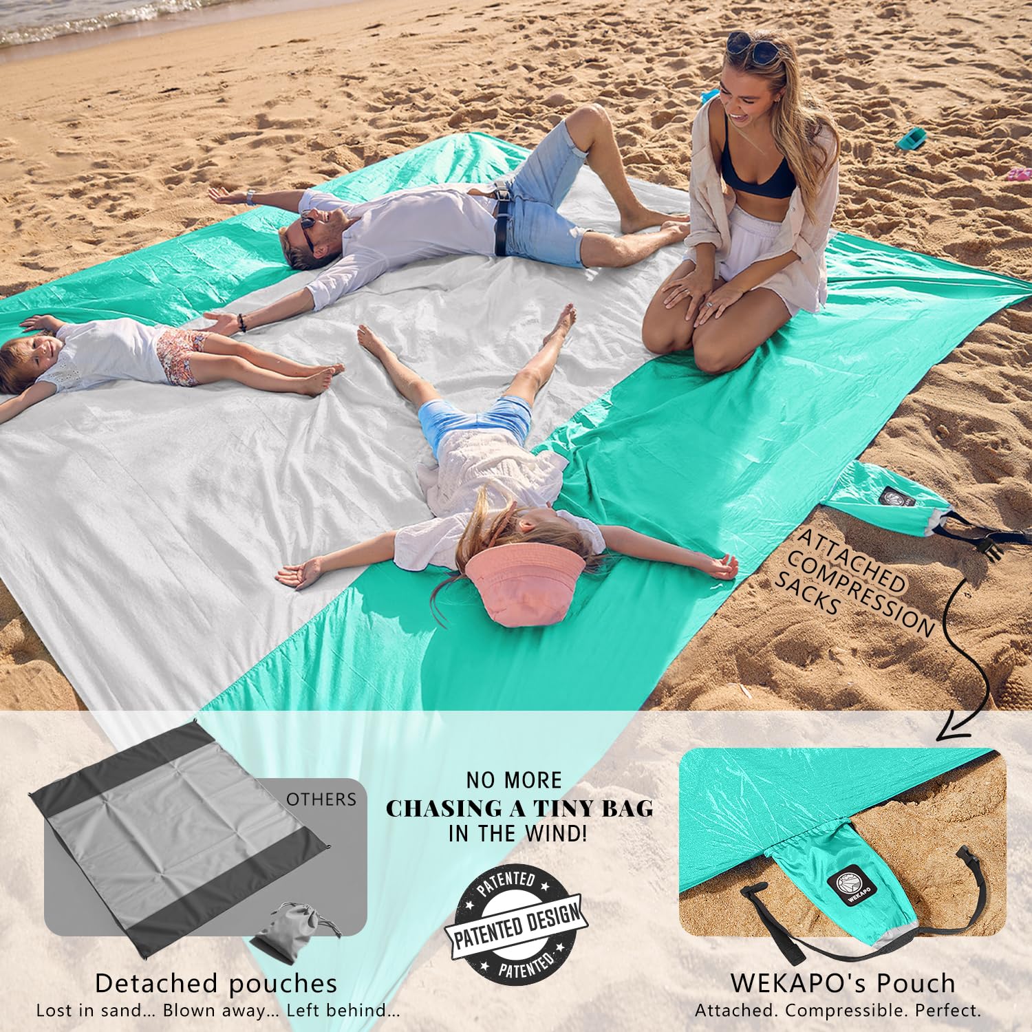 WEKAPO Koc plażowy, odporna na piasek, wodoodporna, bardzo duża mata plażowa, ponadwymiarowa, bez piasku, lekka, szybkoschnąca, niezbędnik na wakacje na plaży, z palikami i kieszeniami narożnymi