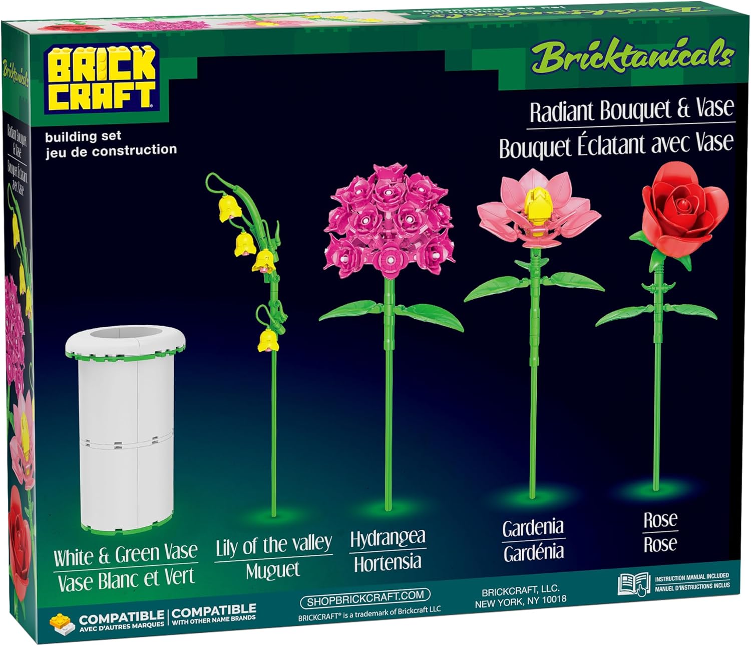 Brickcraft Botanicals Radiant Bouquet & Vase Building Set (280 Pieces) Creative Flower Arrangement Kit with Rose, Gardenia, Lily & Hydrangea – Display for Home or Office, Christmas