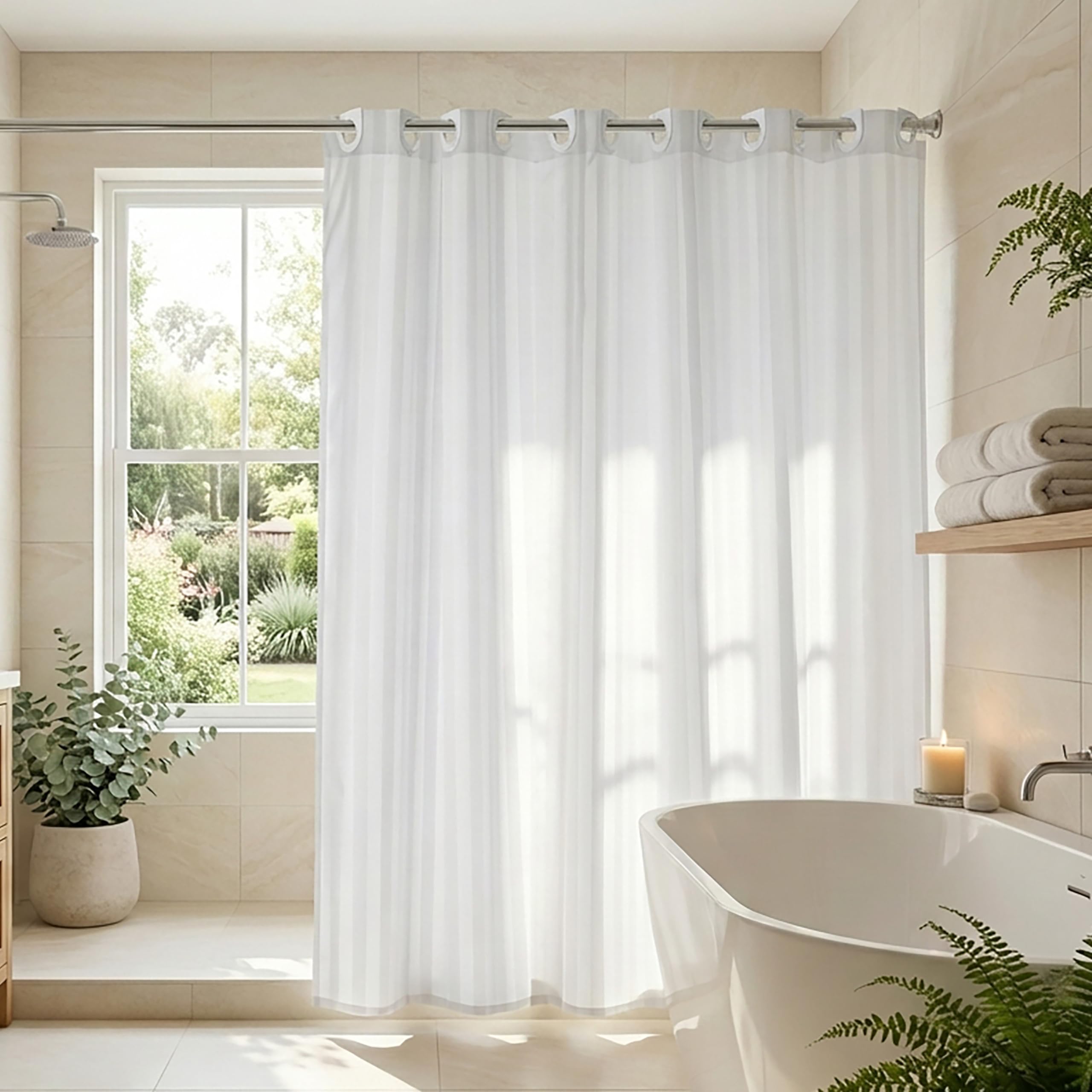 Croydex White Af289122 Regency Stripe Water-Resistant Machine Washable Cling-Resistant Hookless Textile Shower Curtain,,1800 X 1800Mm (Wxl)
