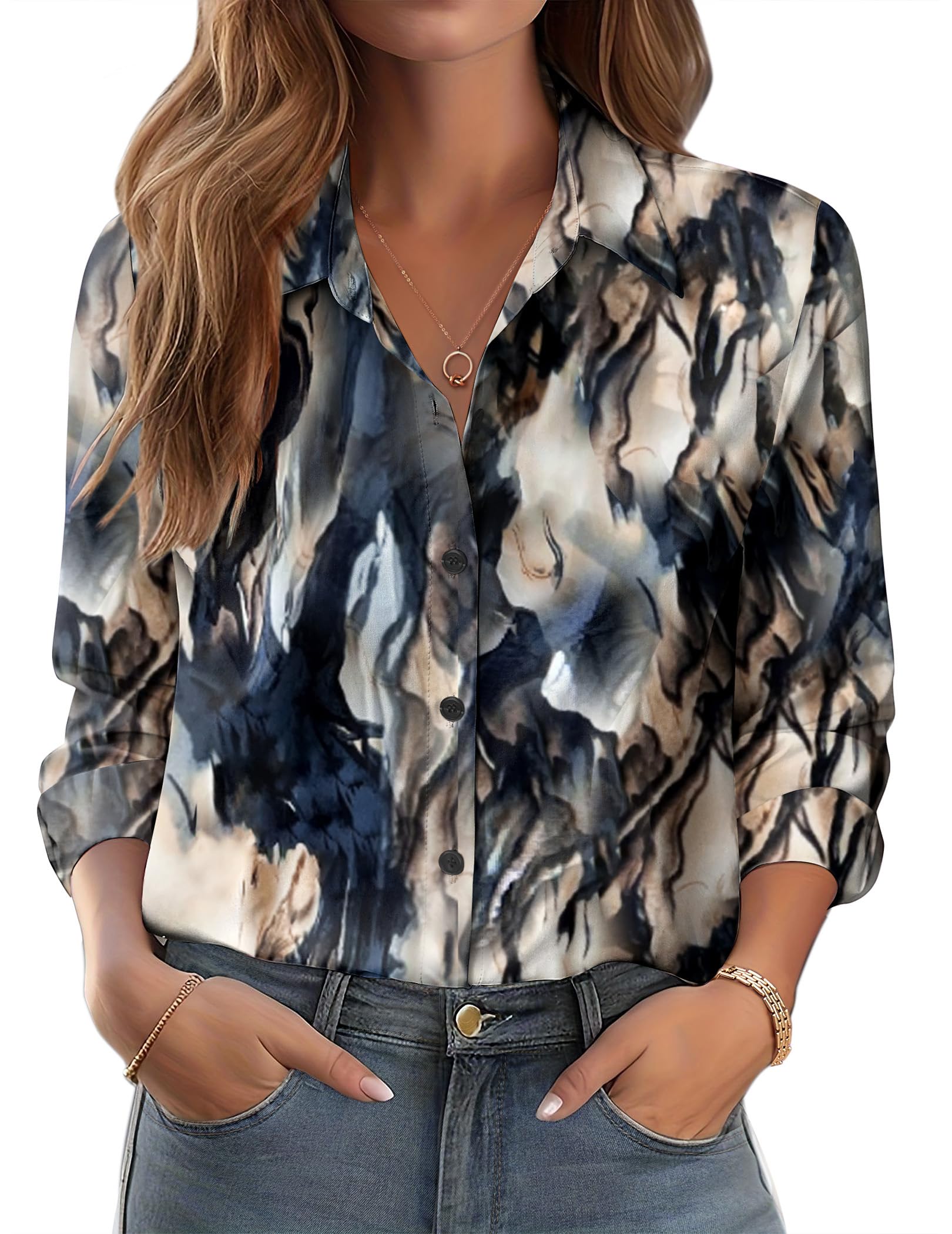– Shirt for Women Long Sleeve Floral Printed Button Down Blouses Stretch Fitted Wrinkle Free Spring Shirts Casual Party Tops for Ladies