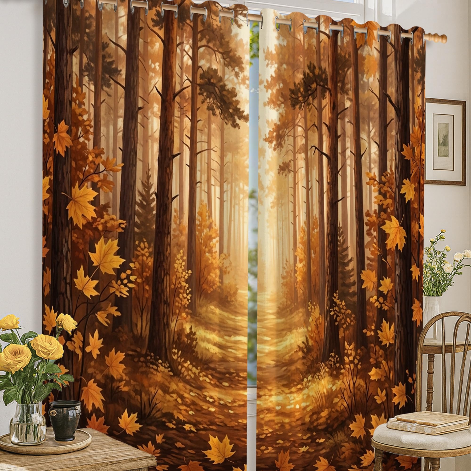 Rideaux occultants motif feuilles d'automne marron pour maison et salon