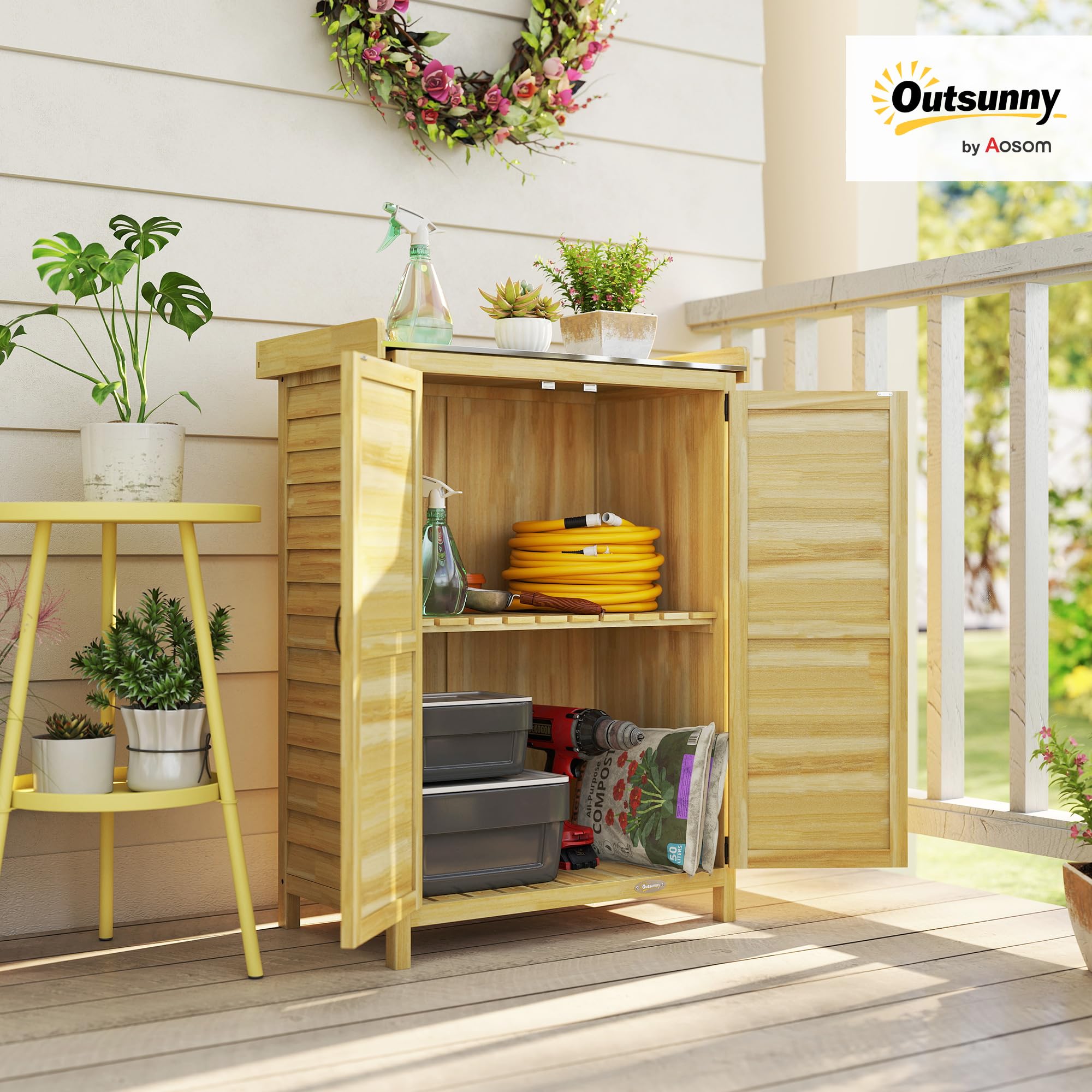 Outsunny Casetta da Giardino in Legno di Abete con Ripiani e Ganci Laterali, Armadio da Giardino con Doppia Porta e Piano di Lavoro in Acciao Zincato per Terrazza Patio, 71.5x39x95cm, Naturale