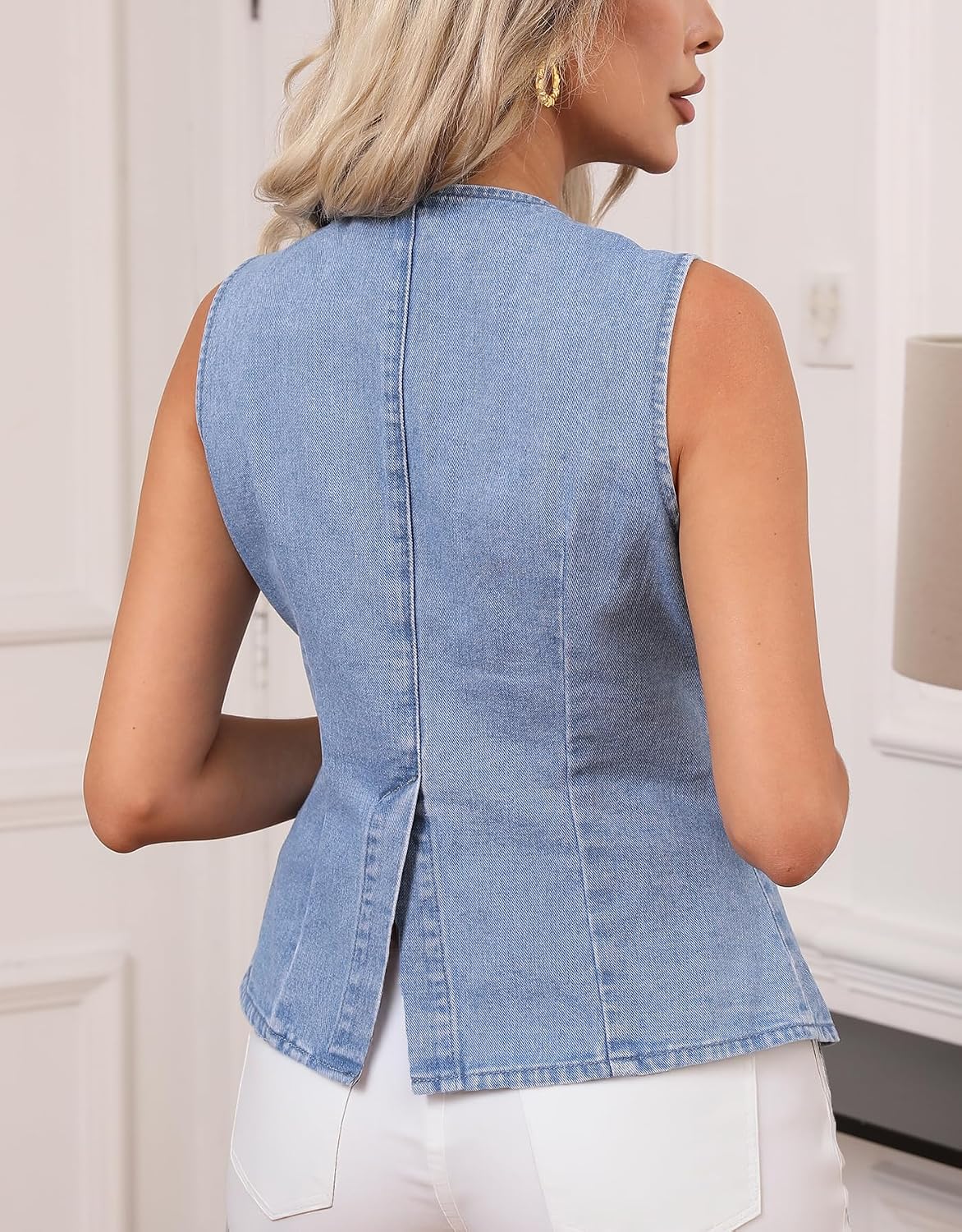 Ladyful Jean Vest Top for Women Sleeveless Button Down Denim Vest Crew Neck Fitted Western Waistcoat with Pockets