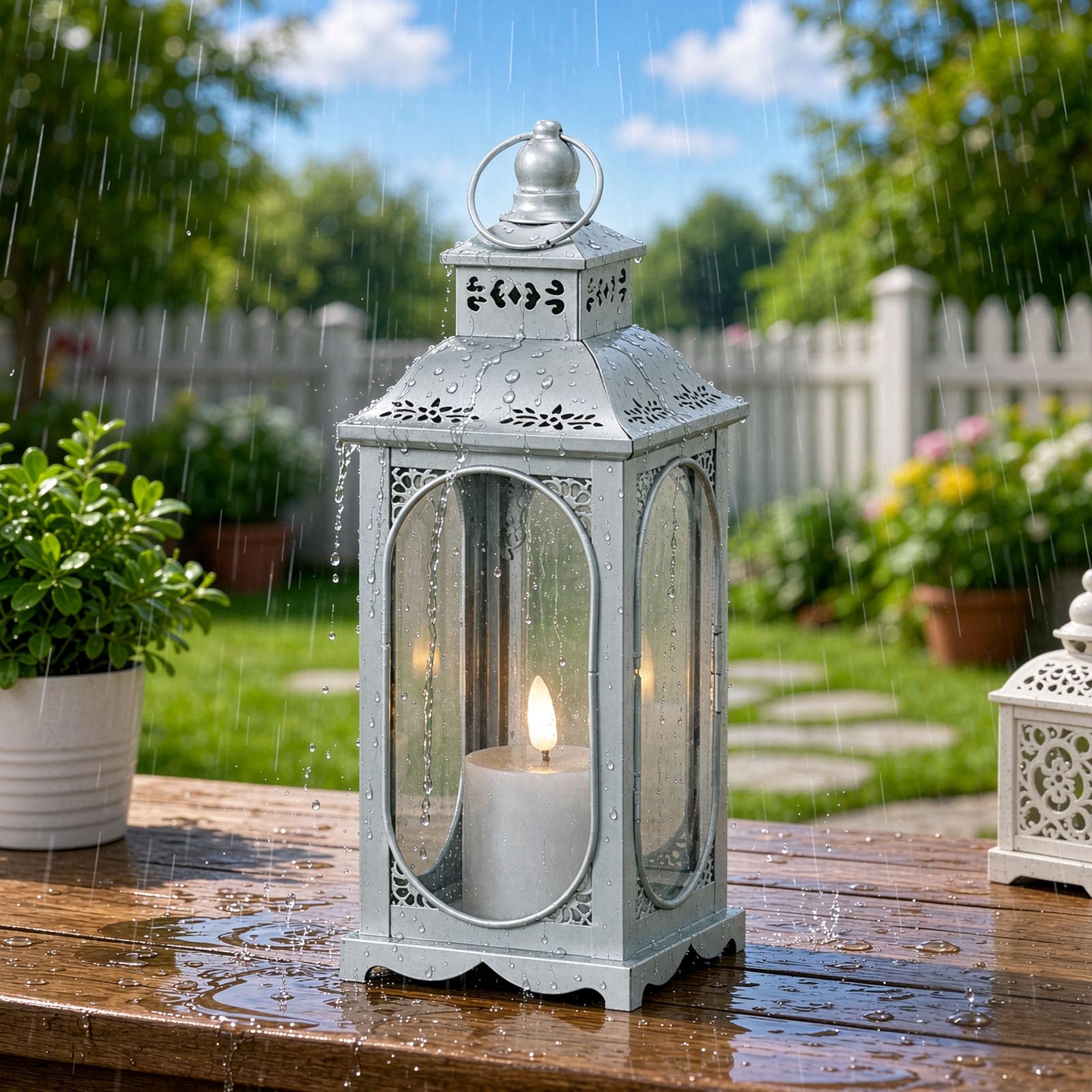 Lanterna argentata per candele, decorativa, 34 cm, in metallo, per esterni