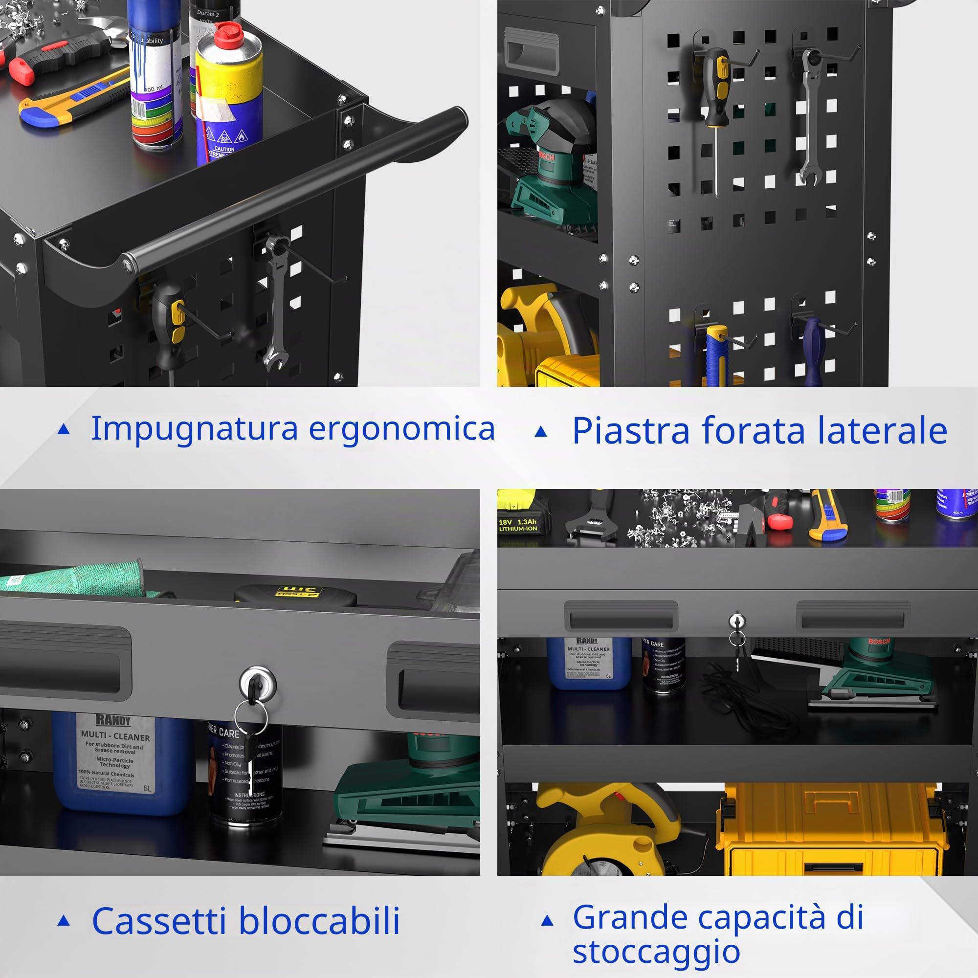 SUPEER Carrello da officina, carrello portautensili con ruote 78x35x70 cm, con cassetto con chiusura a chiave e Pegboard, 4 ganci, per officine, capacità di carico 150 kg