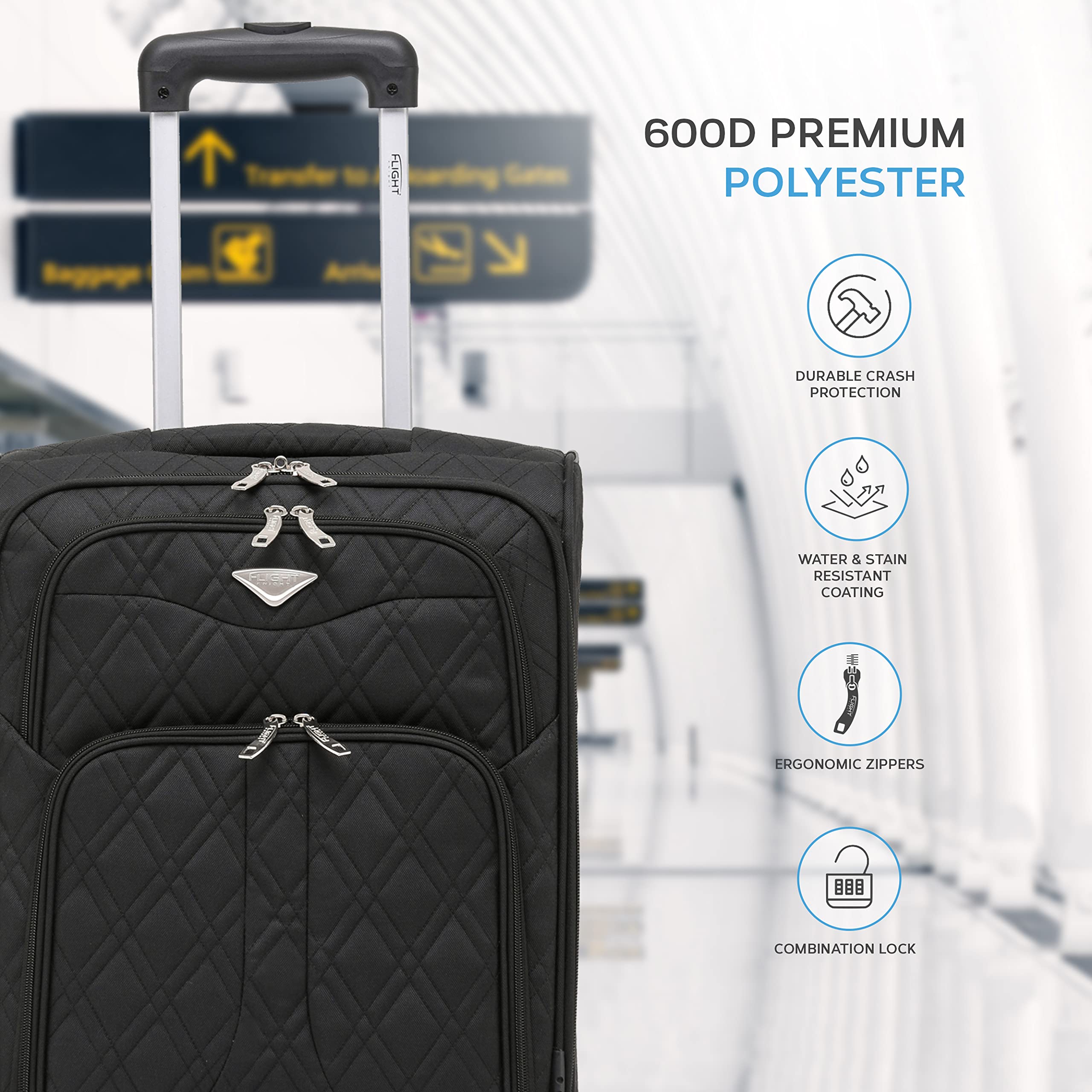 Flight Knight Set of 2 Lightweight 4 Wheel 800D Soft Case Quilted Suitcase Robust Anti Crack Cabin Carry On Hand Luggage Approved for Over 100 Airlines Including easyJet, BA & Many More!