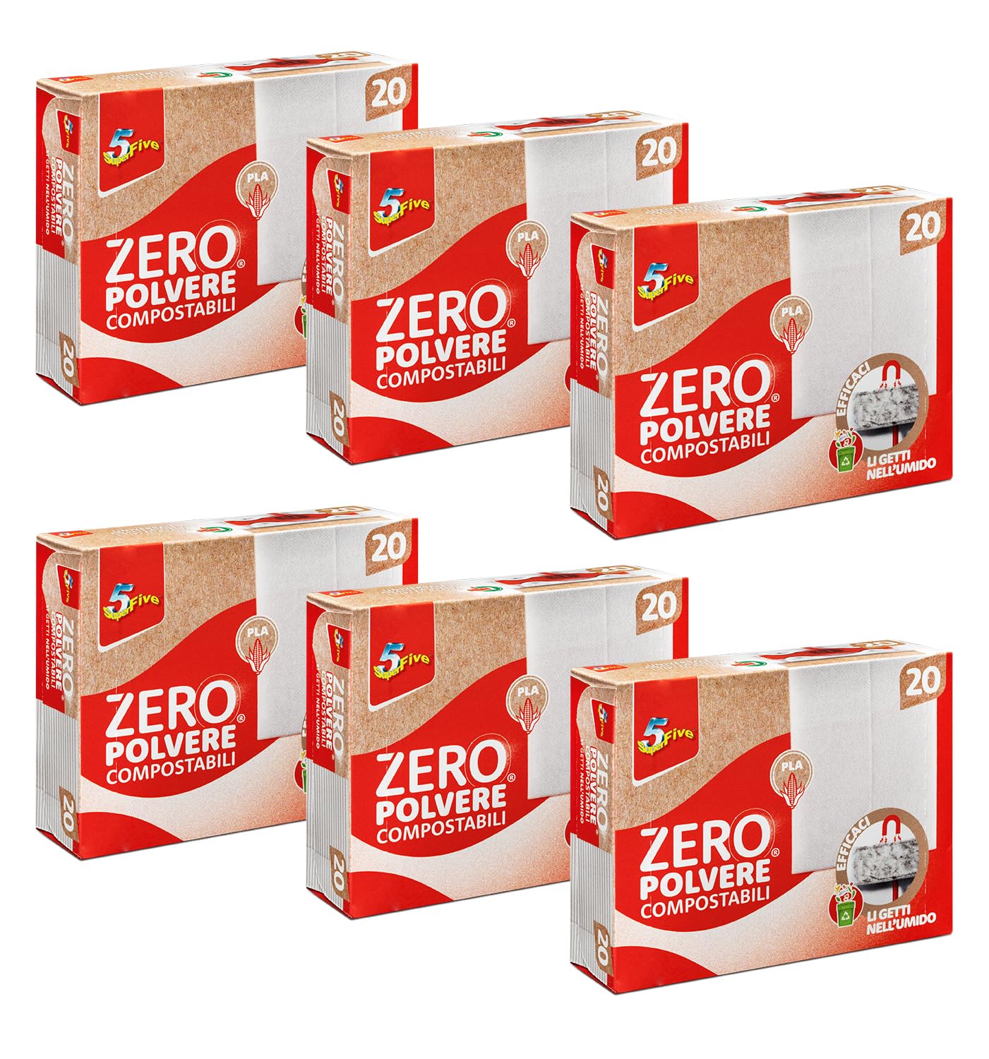 SUPERFIVE, Zero Polvere, Panni Microfibra Compostabili in PLA, Cattura polvere, Gettabili nell'Umido, 20 Panni x 6 Pack (120 Pezzi)