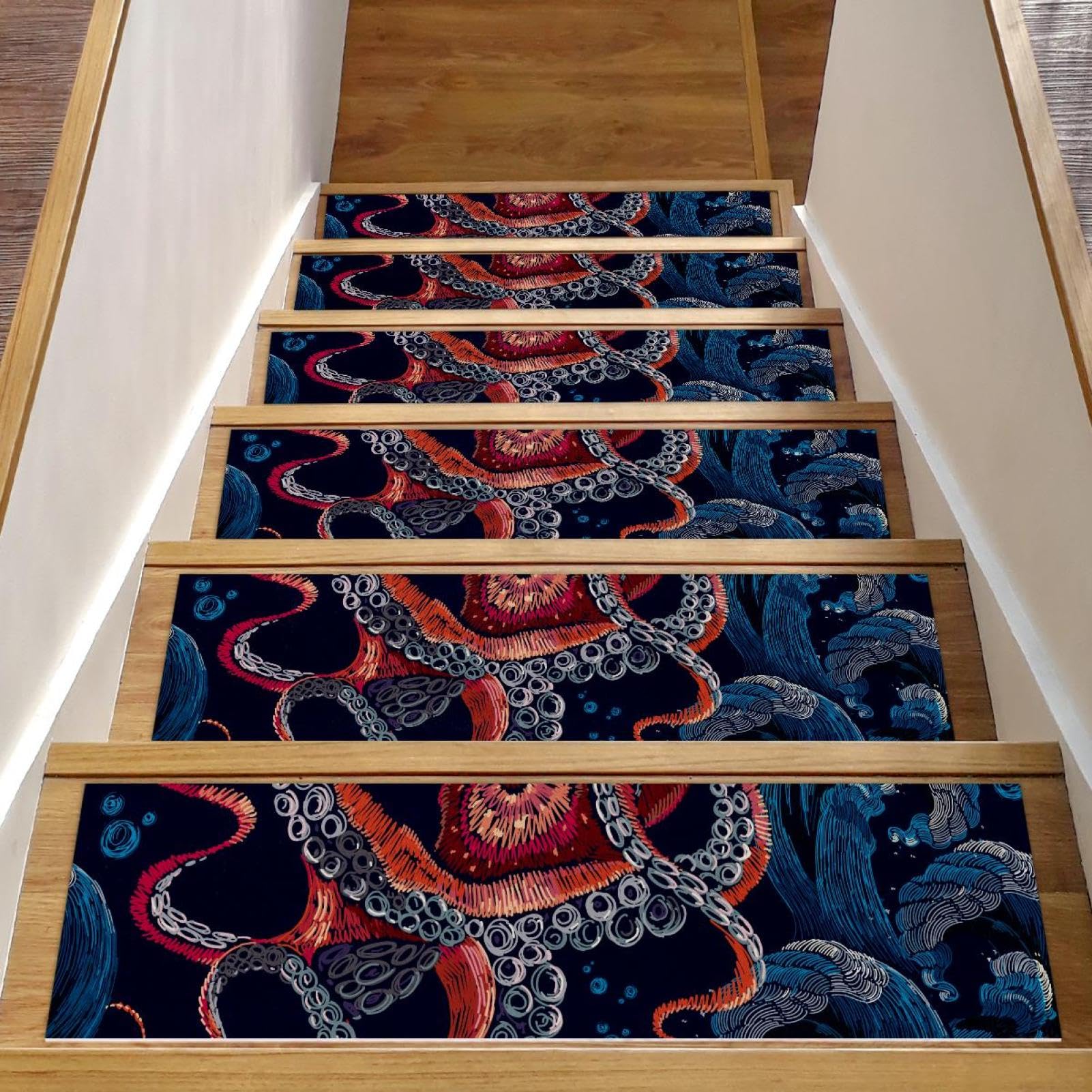 Alfombrillas bordadas de pulpo y olas del mar con base autoadhesiva premium para escalones