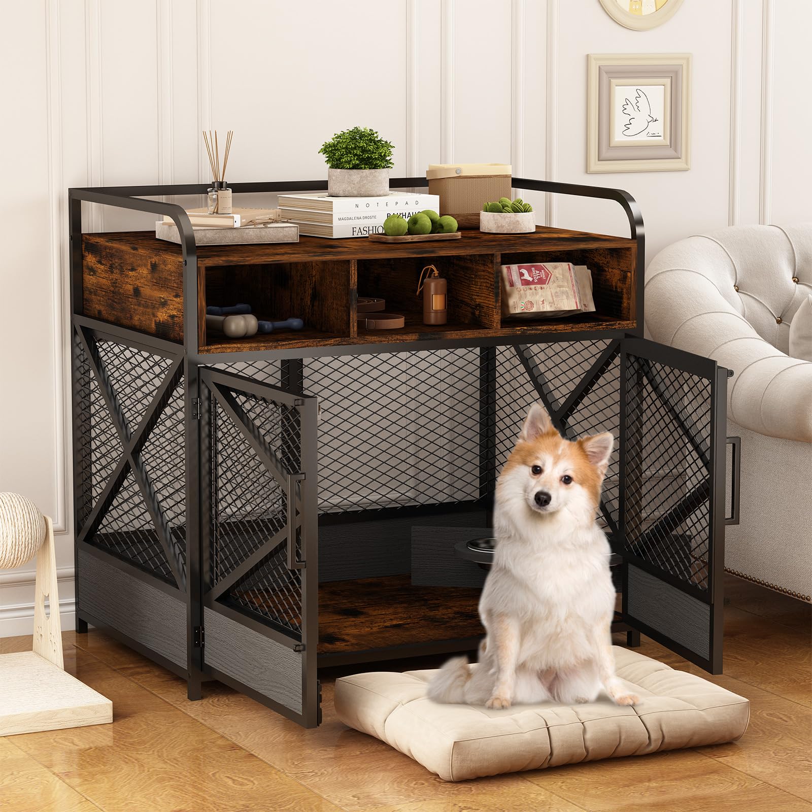 Mueble Jaula para Perro Grande, Casa de Madera Estilo Mueble, Mesa Auxiliar Con 3 Cajones, Perrera Resistente Con Comedero Giratorio 360° Marrón Rústico