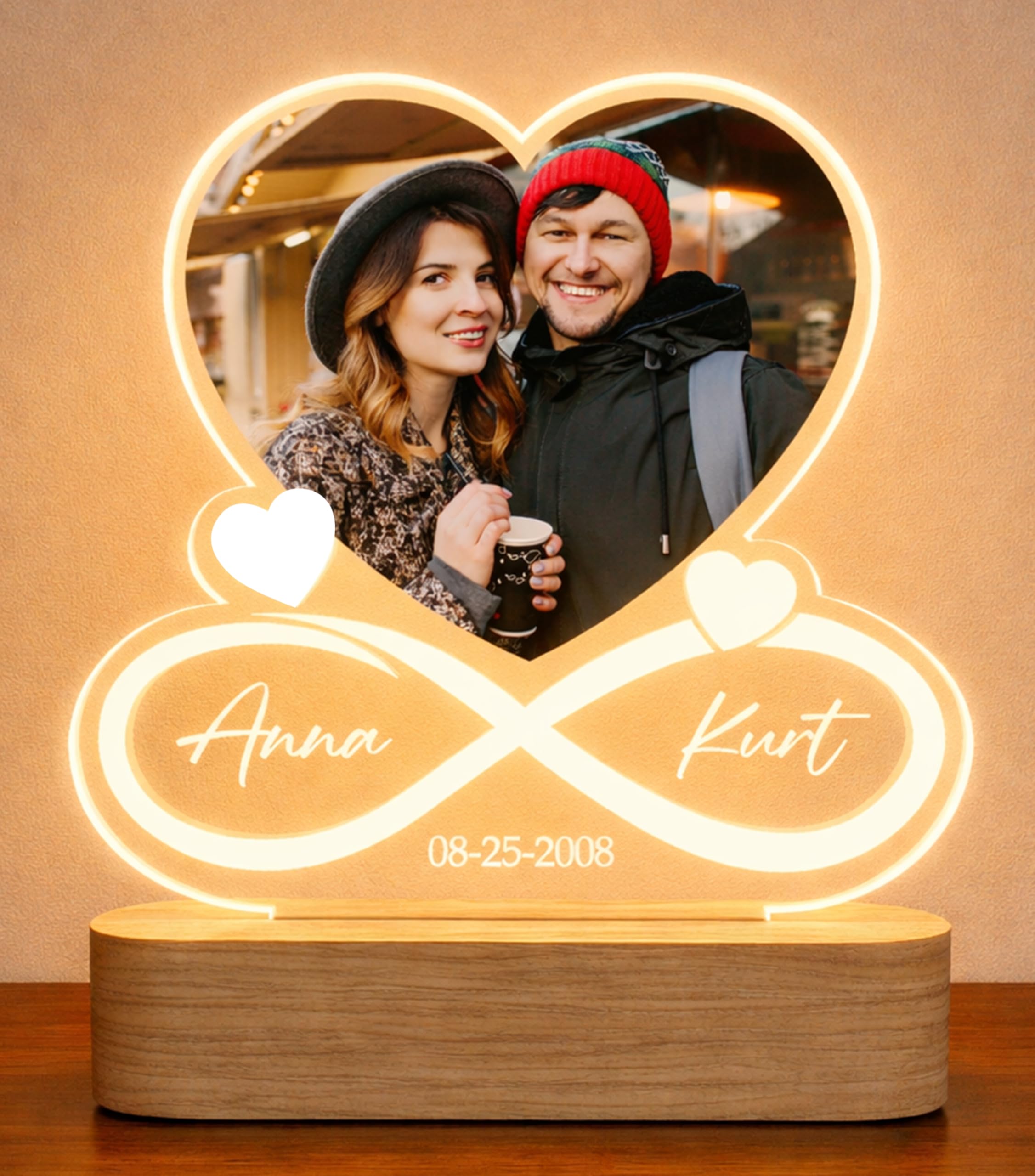 Meinearmbänder Beleuchtetes Acrylglas „Infinity“ – Personalisiert mit Foto, Name & Datum – LED Geschenk für Paare | Jahrestag, Hochzeit, Valentinstag