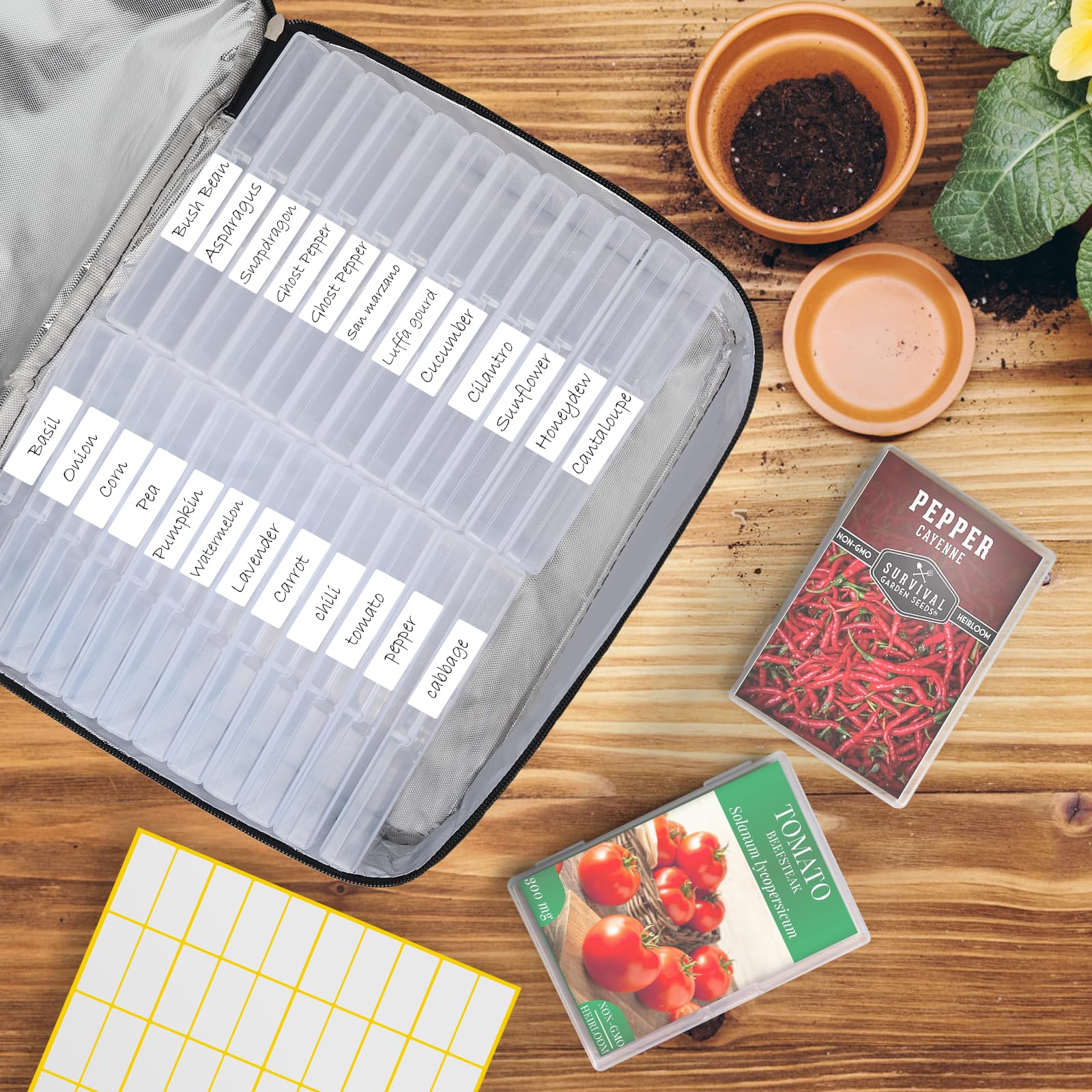 Aufbewahrungsbox für Samen mit 38 Fächern und isolierter Tasche für 80–200 Samenumschläge, Oxford-Stoff, Garten-Samenbehälter mit Etiketten, Samenpaket-Organizer für Pflanzen, Blumen, Gemüsesamen