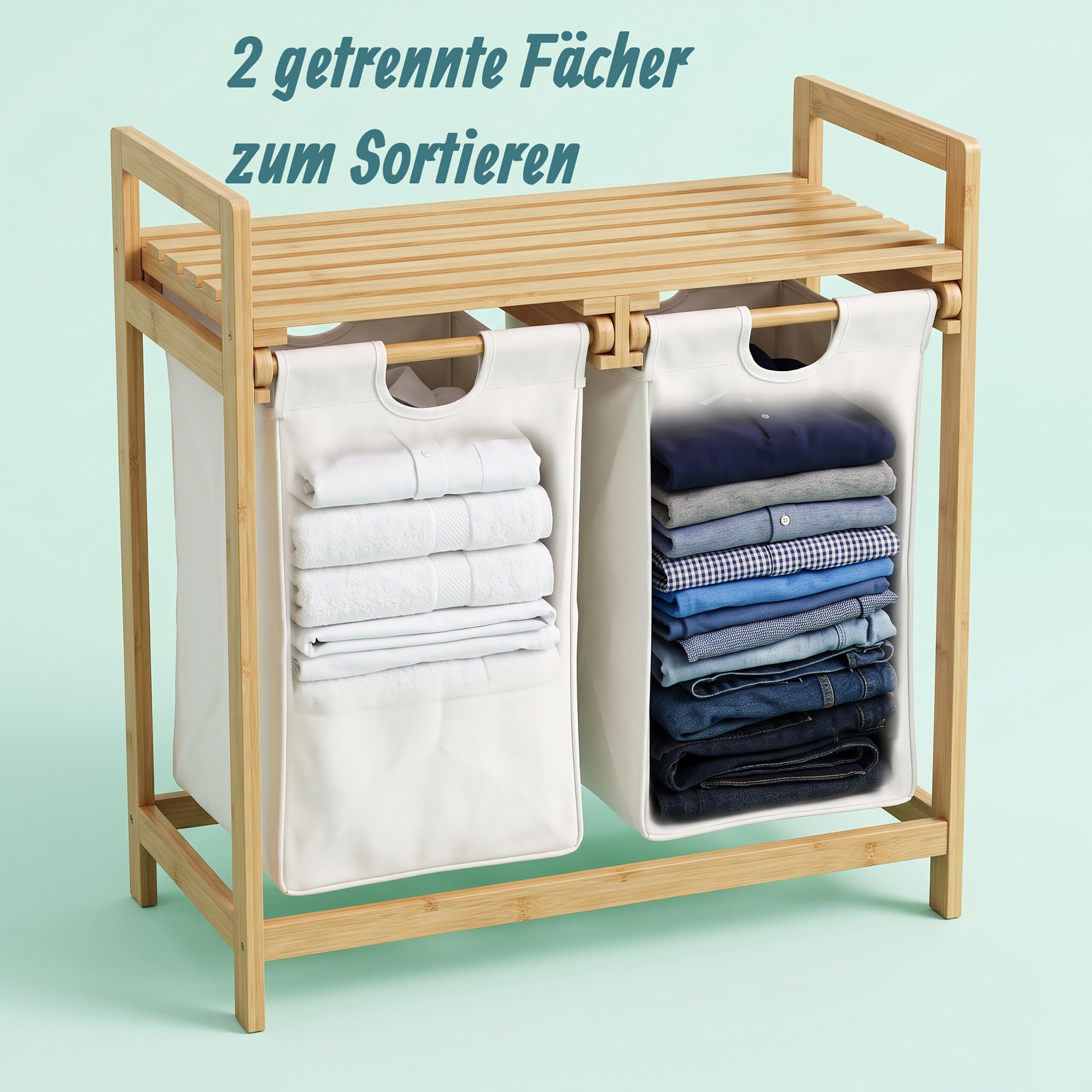 Relaxdays Wäschekorb Bambus, Wäschesortierer mit Ablage, 2 Fächer, ausziehbar, tragbarer Wäschebehälter, 60 Liter, Natur, 1 Stück, Weiß