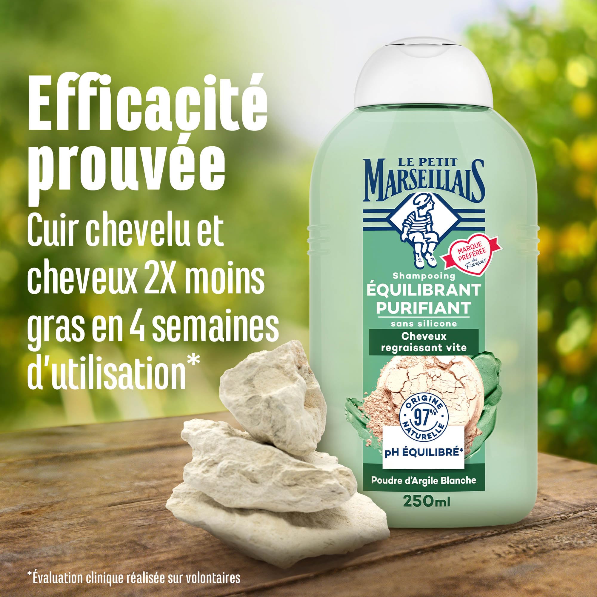 Le Petit Marseillais - Shampooing Équilibrant Purifiant Poudre d'Argile Blanche (flacon de 250 ml) – Shampoing sans silicone pour cheveux regraissant vite – 97 % d'ingrédients d'origine naturelle