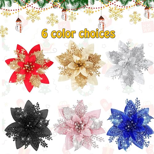 Miniatura 8 de Decoración de flores de Pascua de Navidad, 12 piezas artificiales de flor de pascua roja dorada para árbol de Navidad con purpurina para Navidad,