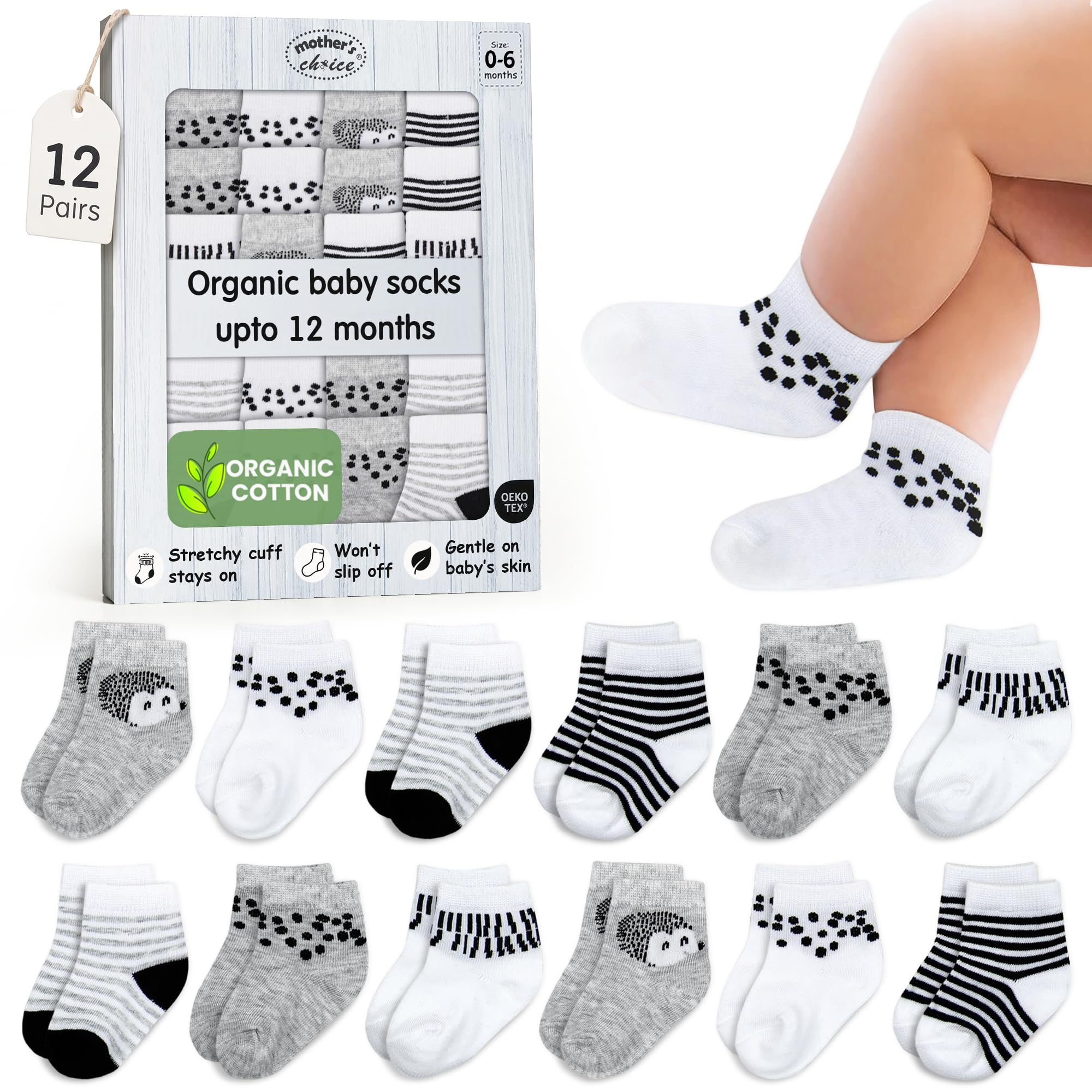 Organic Cotton Blend 12 Baby Girl & Boys Socks 0-6 M Gift Registry | Oeko-Tex Certified, Ankle Socks, 12 Pairs, Baby Boy Socks 0-6 Months, Socks For Toddler Girls, Grey- White Socks, Unisex 0-6 Months Gray - White