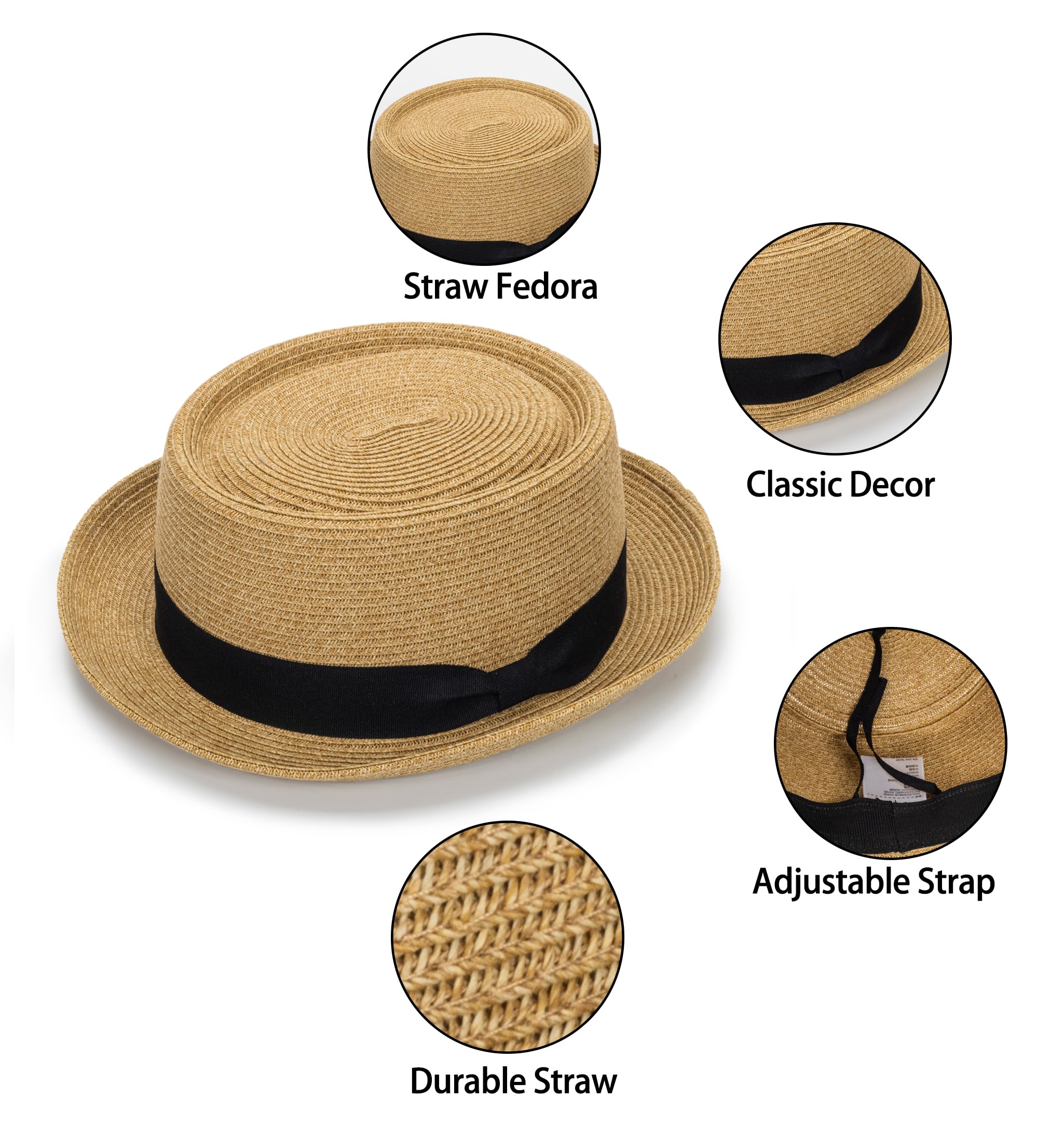 Sombrero clásico de paja de pastel de cerdo para mujeres y hombres, sombrero de verano con ala enrollable, sombrero de paja Fedora sombrero de playa con lazo