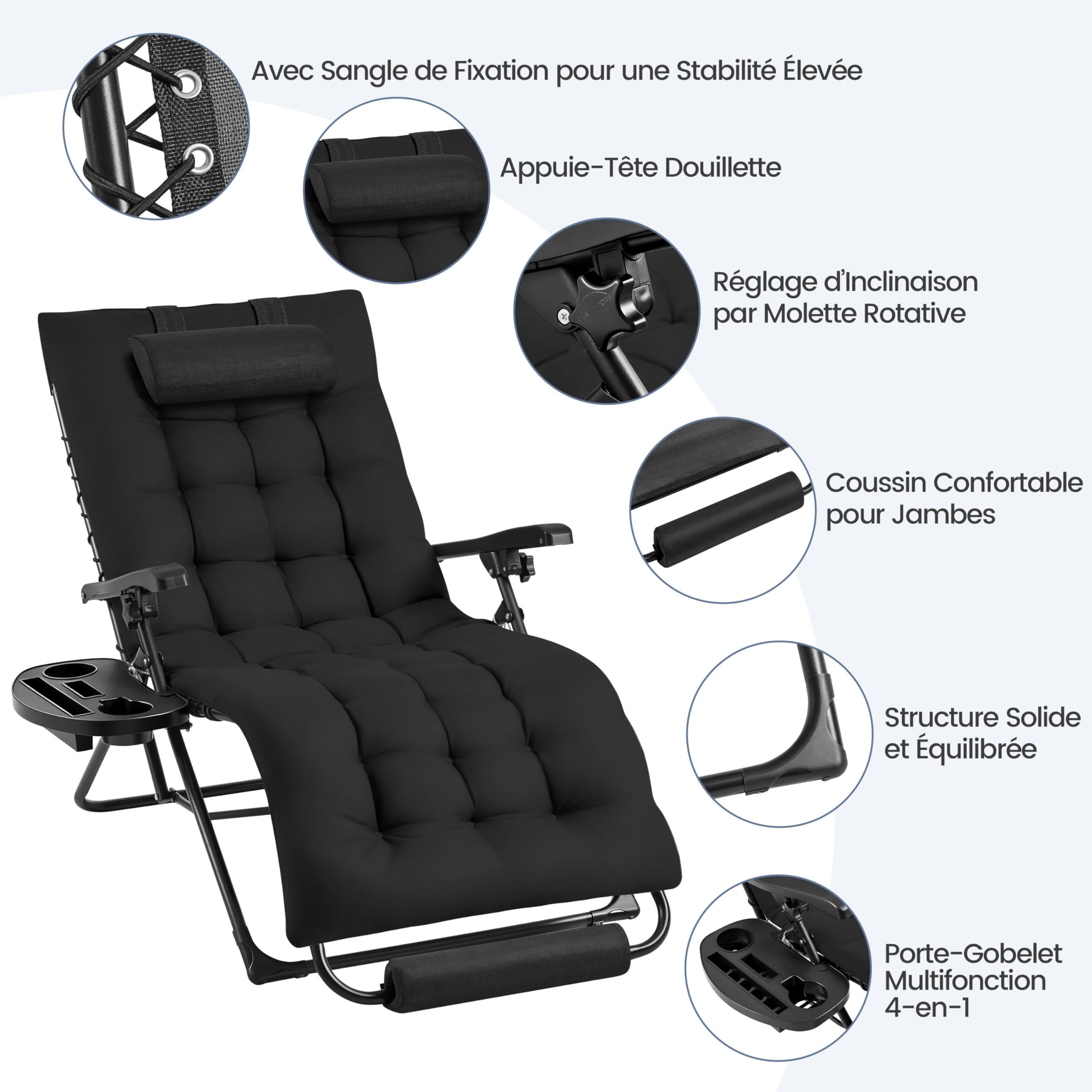 Abician Bain de Soleil Chaise Longue de Jardin avec Coussin, Fauteuil de Jardin Chaise Longue Pliable & Inclinable, avec Porte-Boisson Repose Pieds Appuie-tête Amovible, capacité 200kg aux intempéries