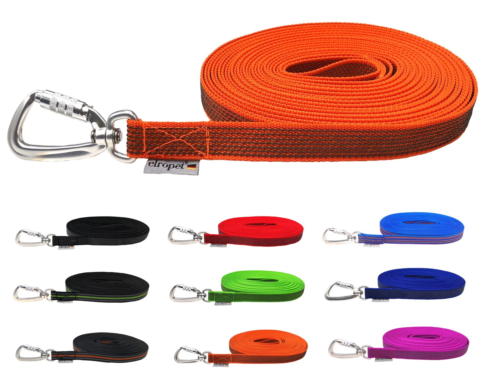 Hundeleine gummiert/Schleppleine antirutsch mit Sicherheitshaken/Hundeleine große Hunde bis 100 Kg / 5m / 10m /15m /20m (Orange, 30m MIT Handschlaufe)