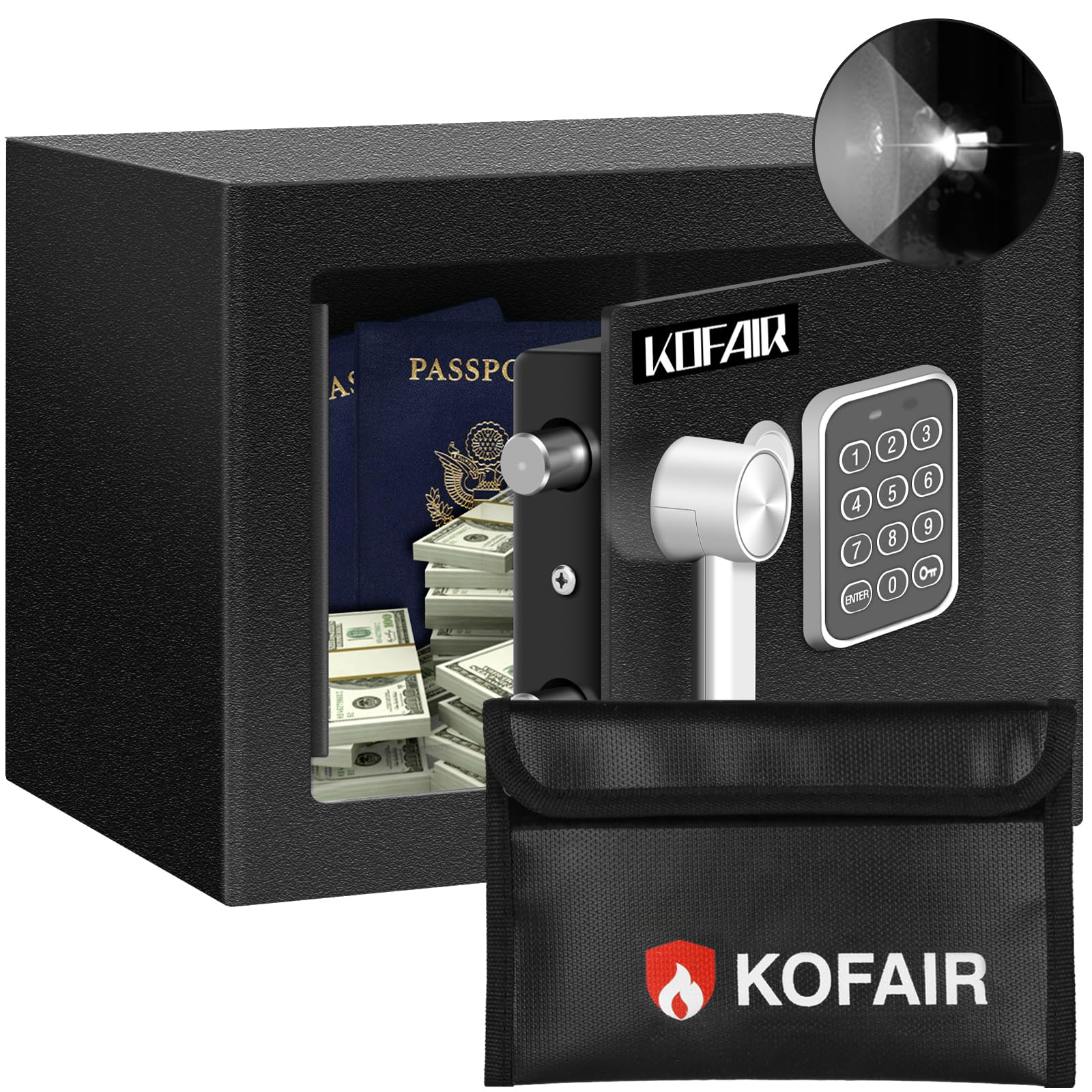 Safe Box for Home Safe (0.23 Cubic Feet) with Fireproof Bag, Personal Money Safe for Cash Saving, Mini Safe Box with Key, Digital Safety Box with Light, Money Lock Box