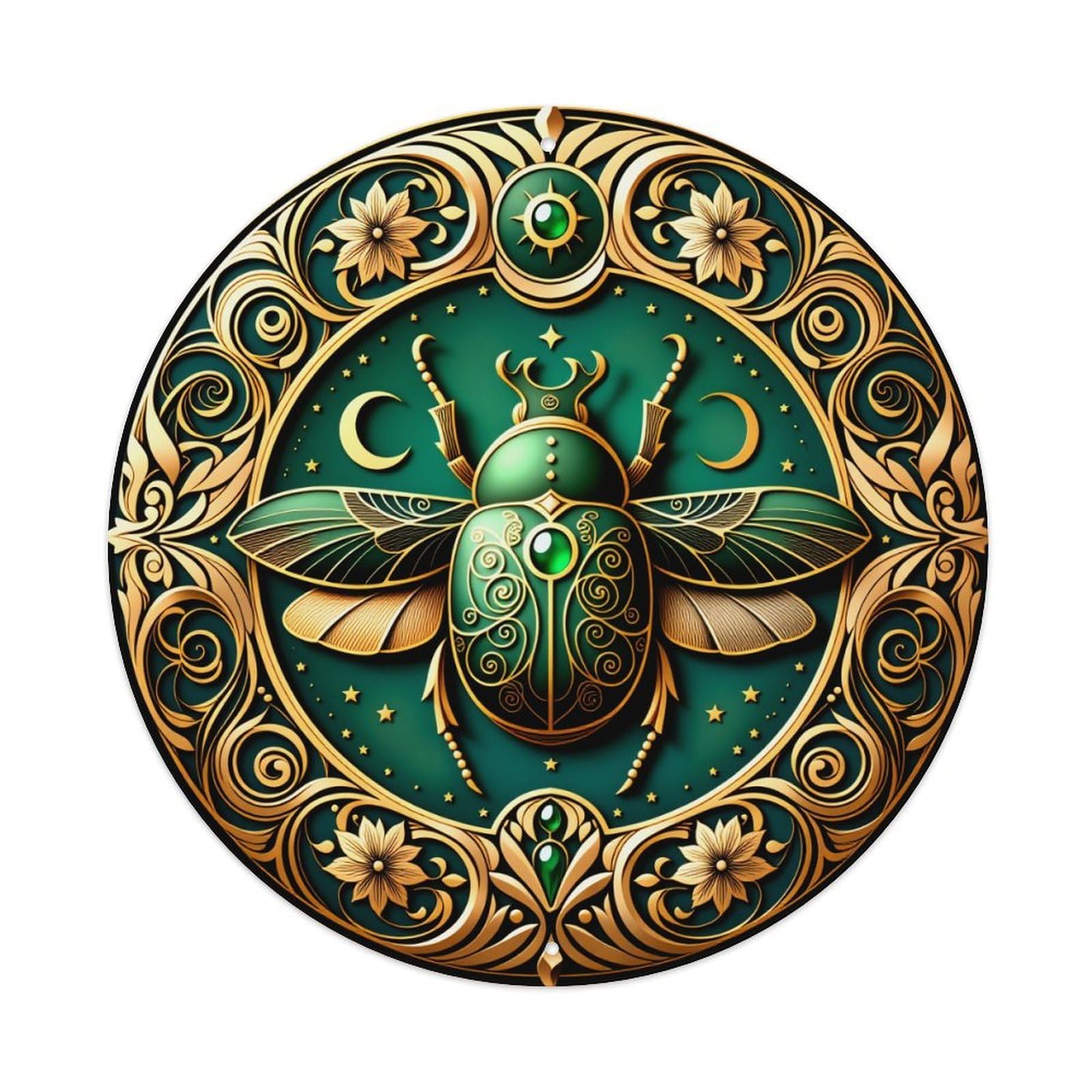 Golden Scarab Beetle With Floral And Celestial Motifs Round Vintage Tin Sign,Retro Wall Art,Metal Poster for Home, Bar, Garage, Cafe, Rustic Indoor & Outdoor Decor, 8x8 Inches