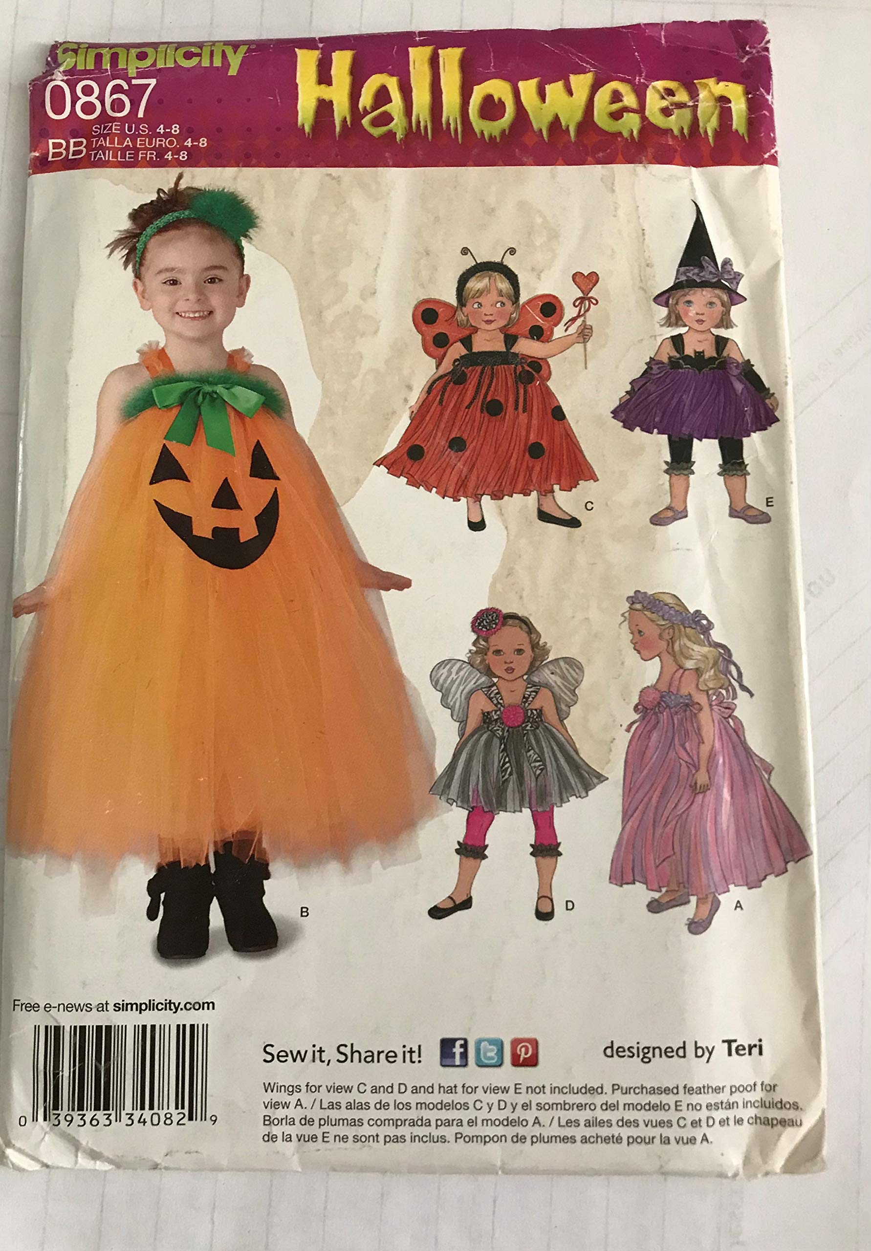 Simplicity Halloween Costumes #0867 Toddlers' and Childs' Dress, Leggings and Hair Accessories Size 4-8
