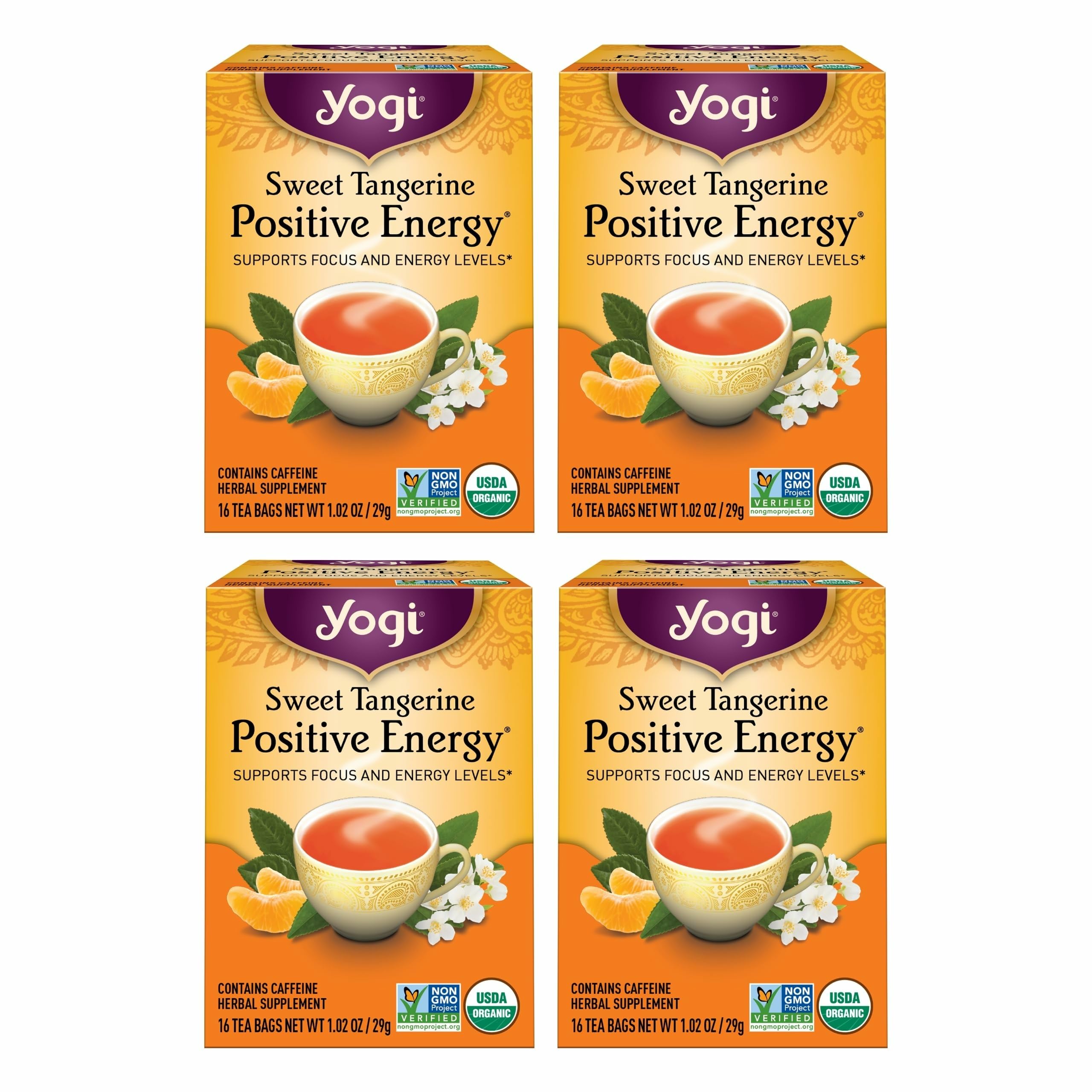 Yogi Sweet Tangerine Positive Energy Tea - 16 Tea Bags per Pack (4 Packs) - Organic Tangerine Energy Tea - Includes Black Tea Leaf, Yerba Mate Leaf, Ashwagandha Root & More
