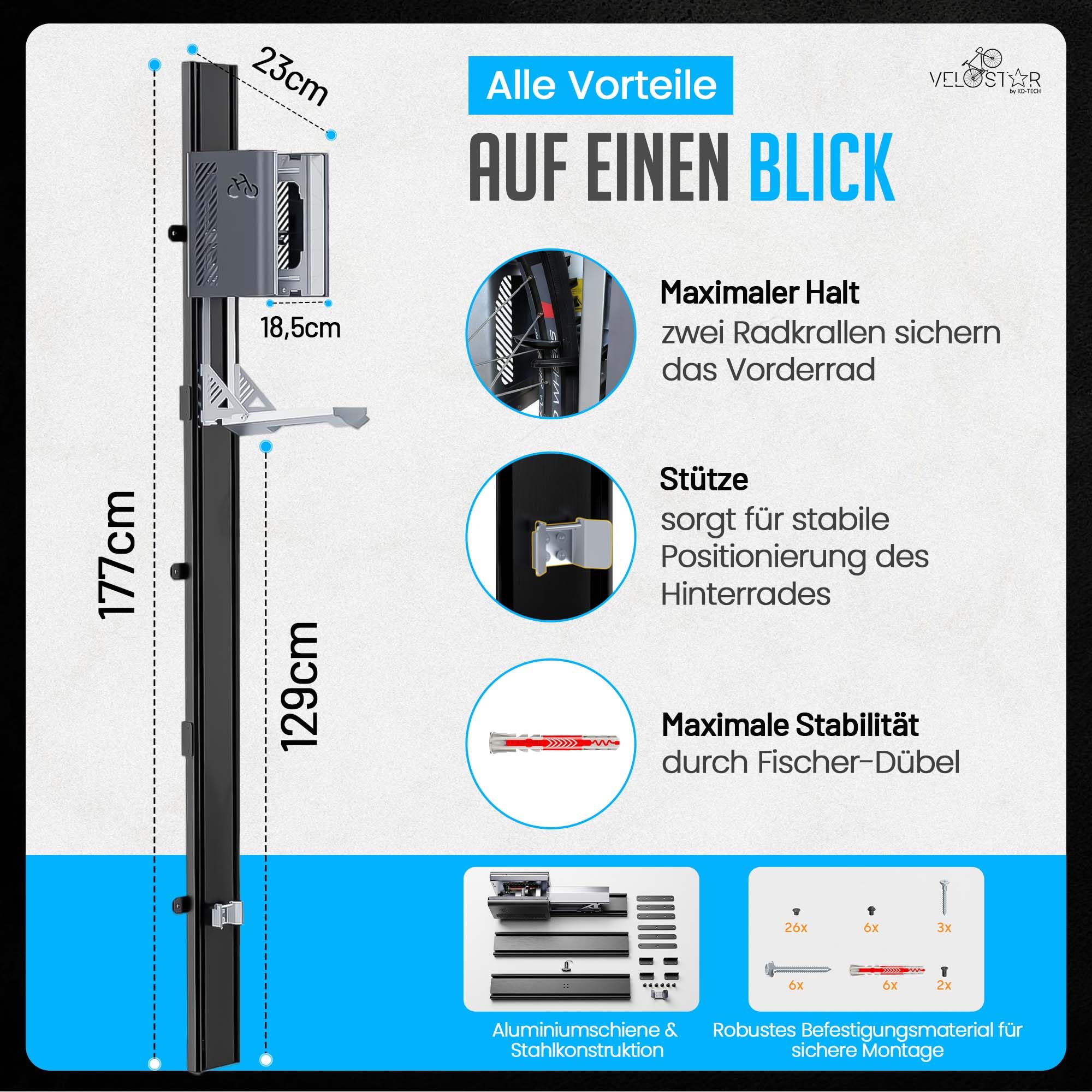 Fahrradlift für Garage von Velostar by 32 kg Fahrradwandhalterung Fahrrad Lift mit Sicherheitsbremse & Arretierung Fahrradhalter platzsparend für E-Bike geeignet inkl. Fischer Dübel