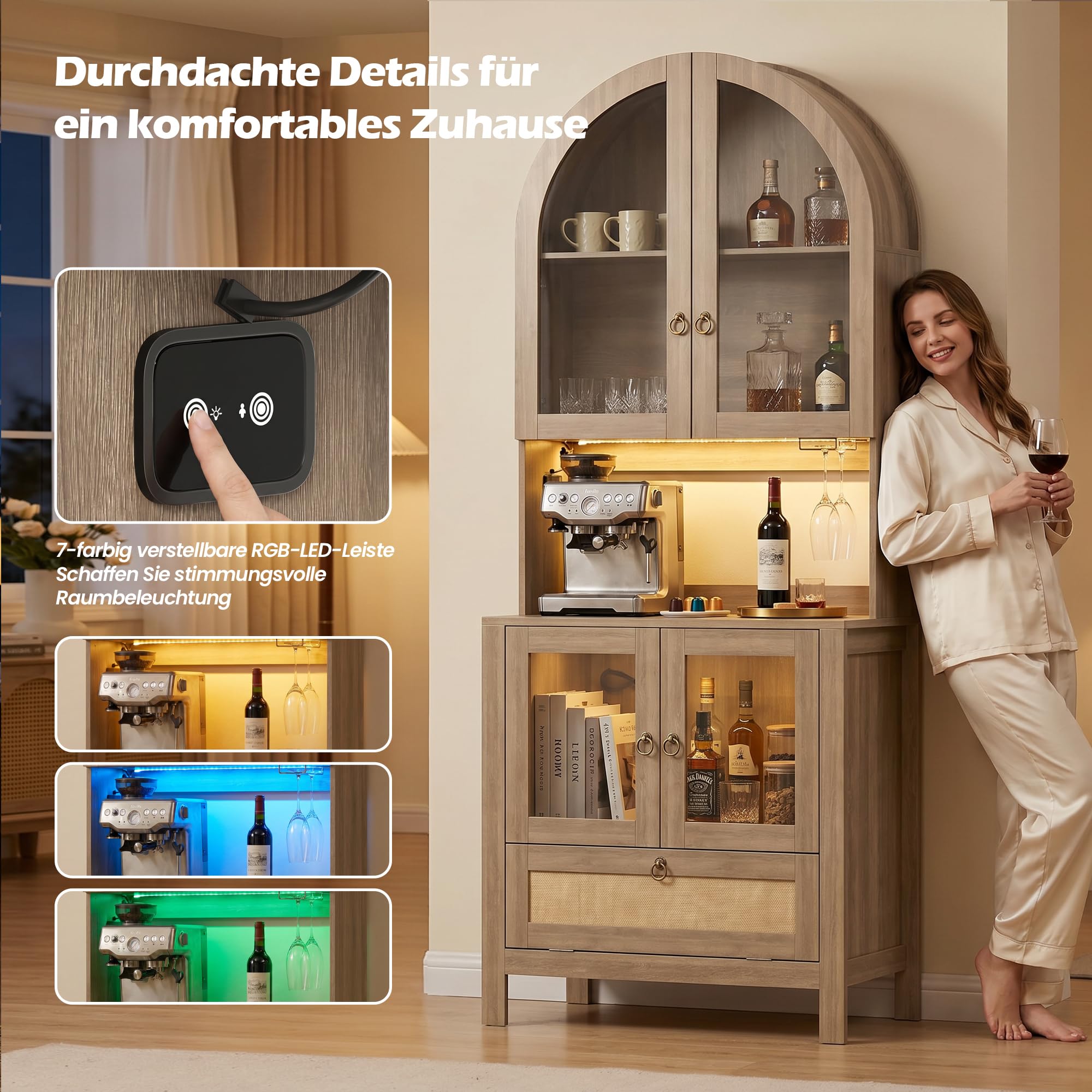 GRAVFORCE Küchenschrank mit Arbeitsplatte und Steckdose – 190cm Buffetschrank mit LED Sideboard Küche Glastür verstellbaren Böden Vorratsschrank Kippsicherung für Küche Esszimmer Holzfarbe
