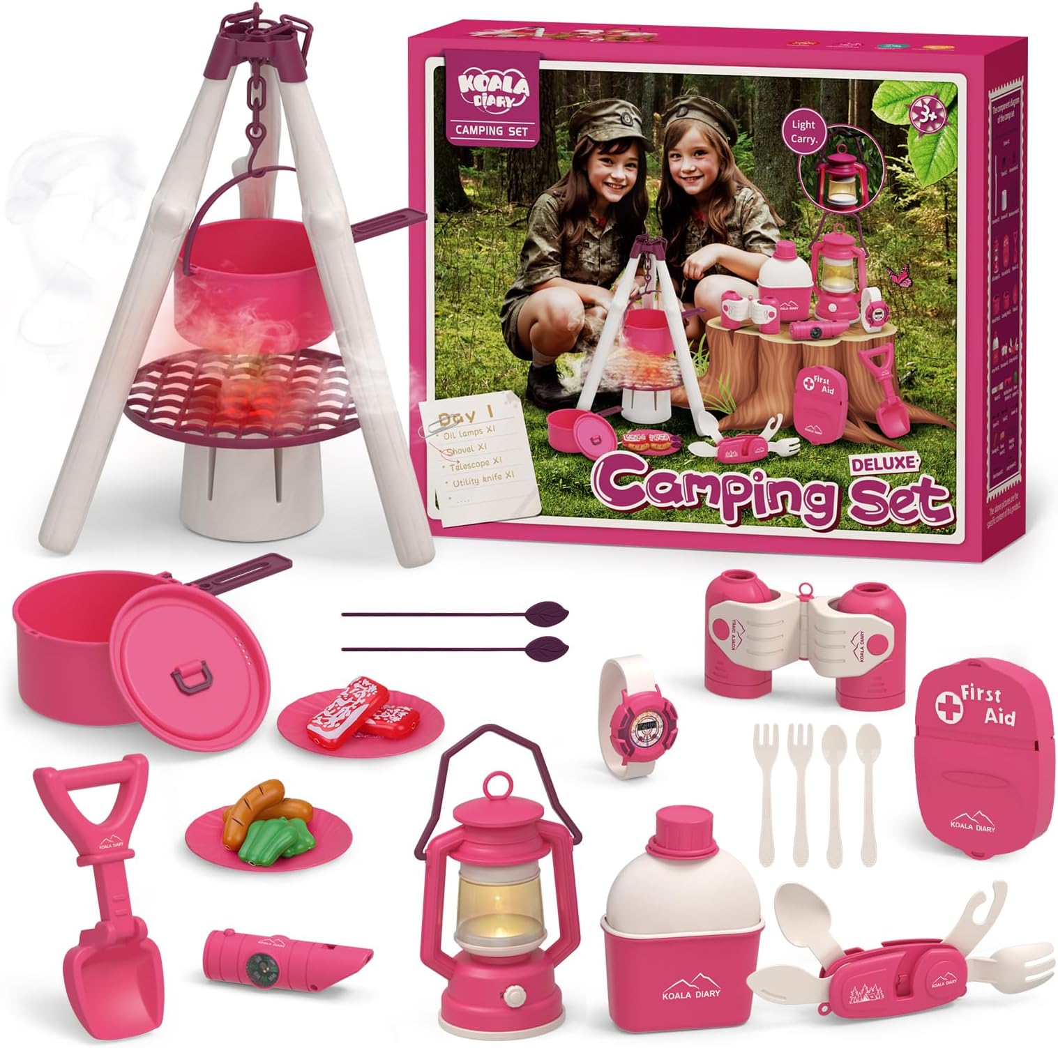 KOALA DIARY Outdoor Camping Toys for Girls and Boys, Including Oil Lamps,stoves,Cookware etc.Essential Multi-Functional Toys for Kids Camping Play Tent ,Outdoor Toddler Campfire Toys for Ages 3+