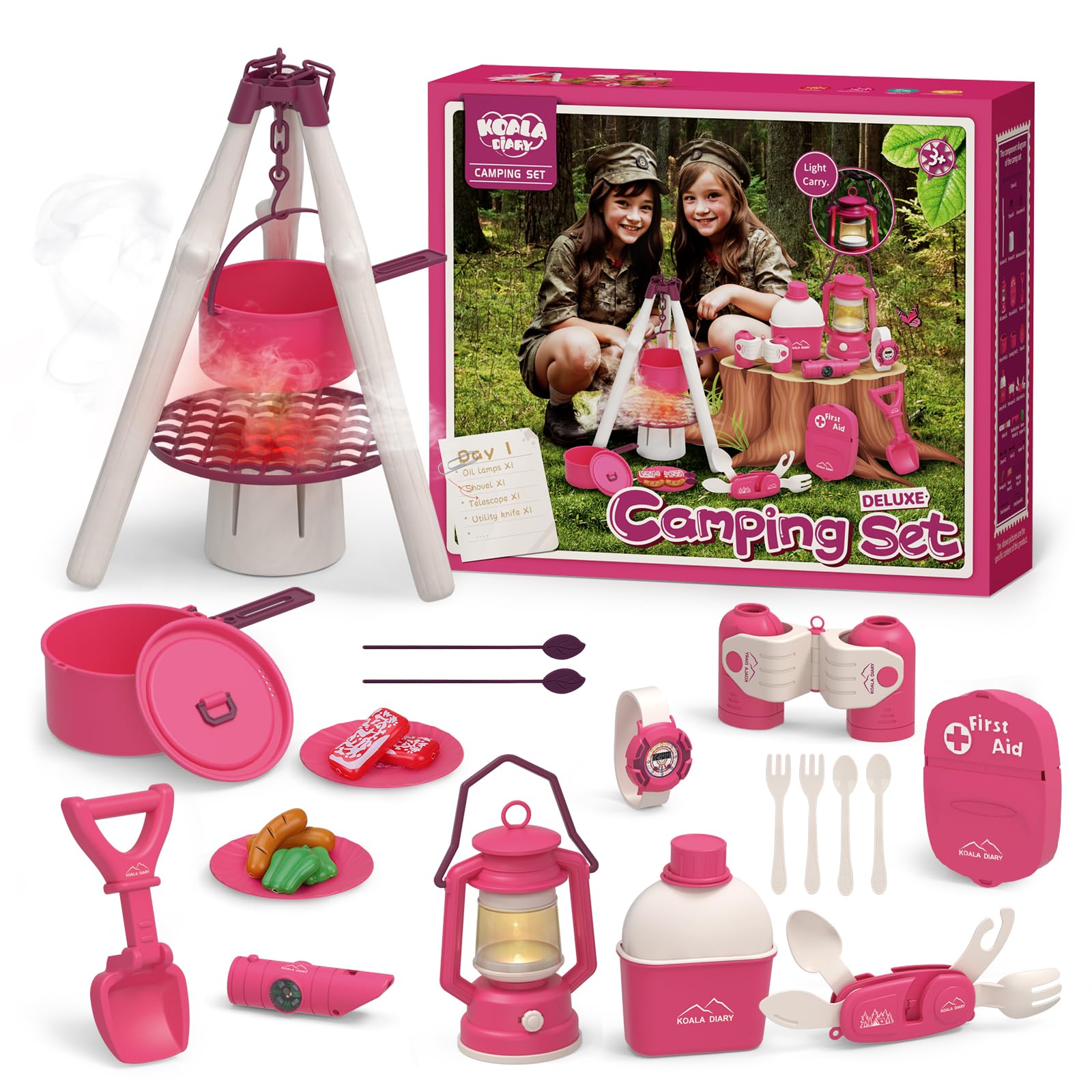 KOALA DIARY Outdoor Camping Toys for Girls and Boys, Including Oil Lamps,stoves,Cookware etc.Essential Multi-Functional Toys for Kids Camping Play Tent ,Outdoor Toddler Campfire Toys for Ages 3+