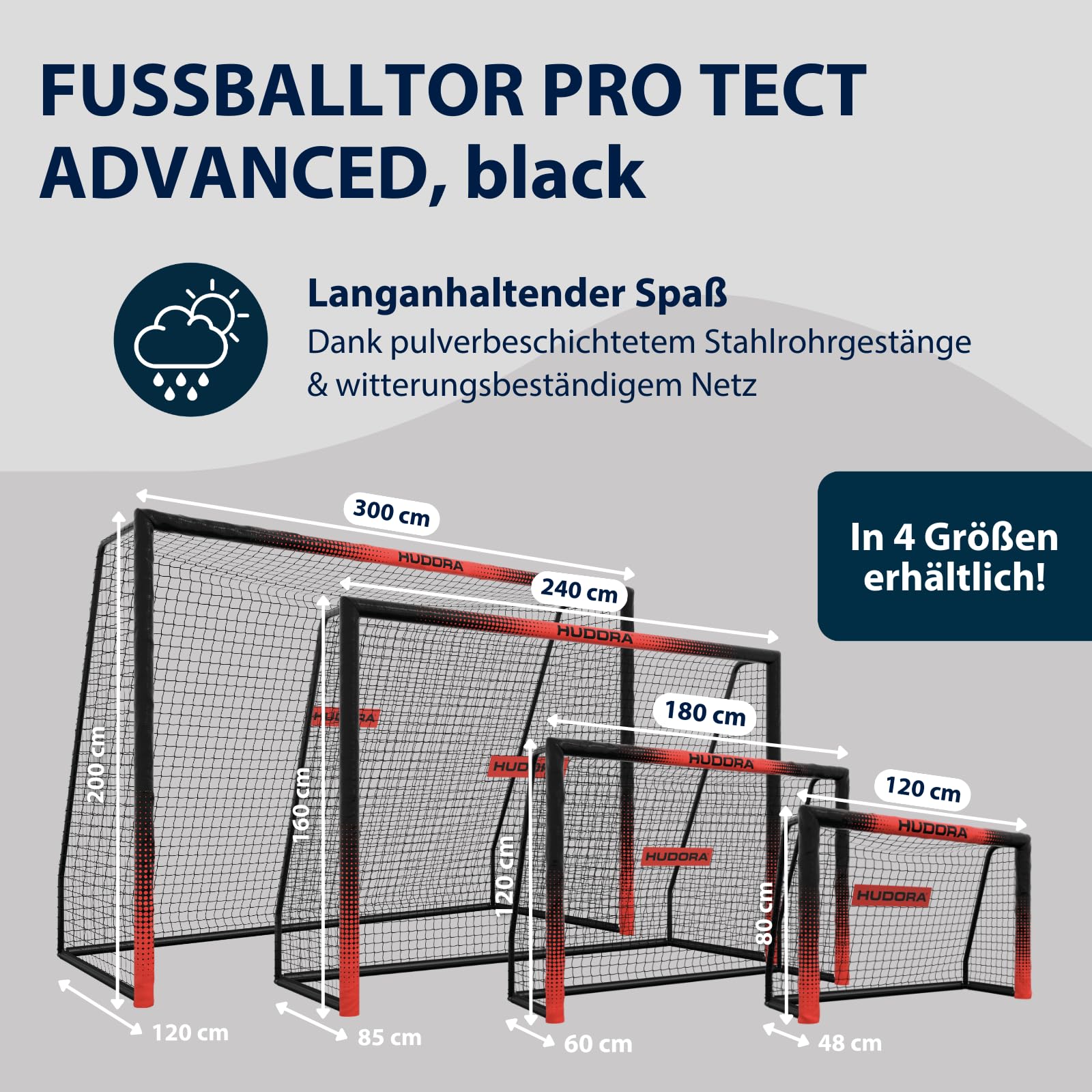 HUDORA Fußballtor Pro Tect Advanced – Outdoor Fußballtor mit Netz und wetterfester Ummantelung für Kinder/Erwachsene – Einfacher Aufbau im Garten – Tor mit Reiß- und Klettverschlüssen