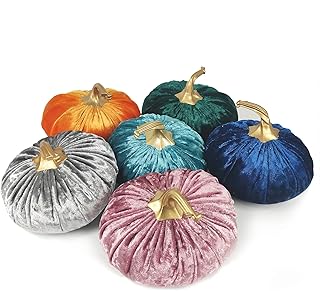 Ogrmar 6 Pack Velvet Artificial Pumpkins Set Velvet Fabric Decoration Pumpkins Lifelike Harvest Pumpkins for Halloween Fall Harvest Festival, Thanksgiving Decoration