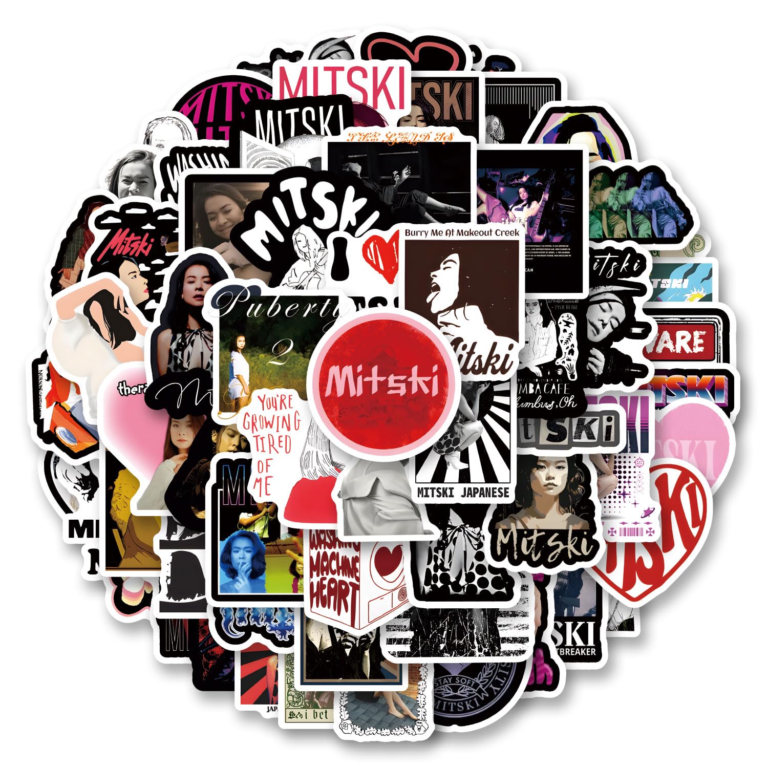 64pcs Mitski Stickers American Singer-Songwriter Stickers for Musical Instrument Decorations, Pencil Boxes, Art Supplies, Water Bottles Laptop Suitcases Birthday Decoration Holiday Party