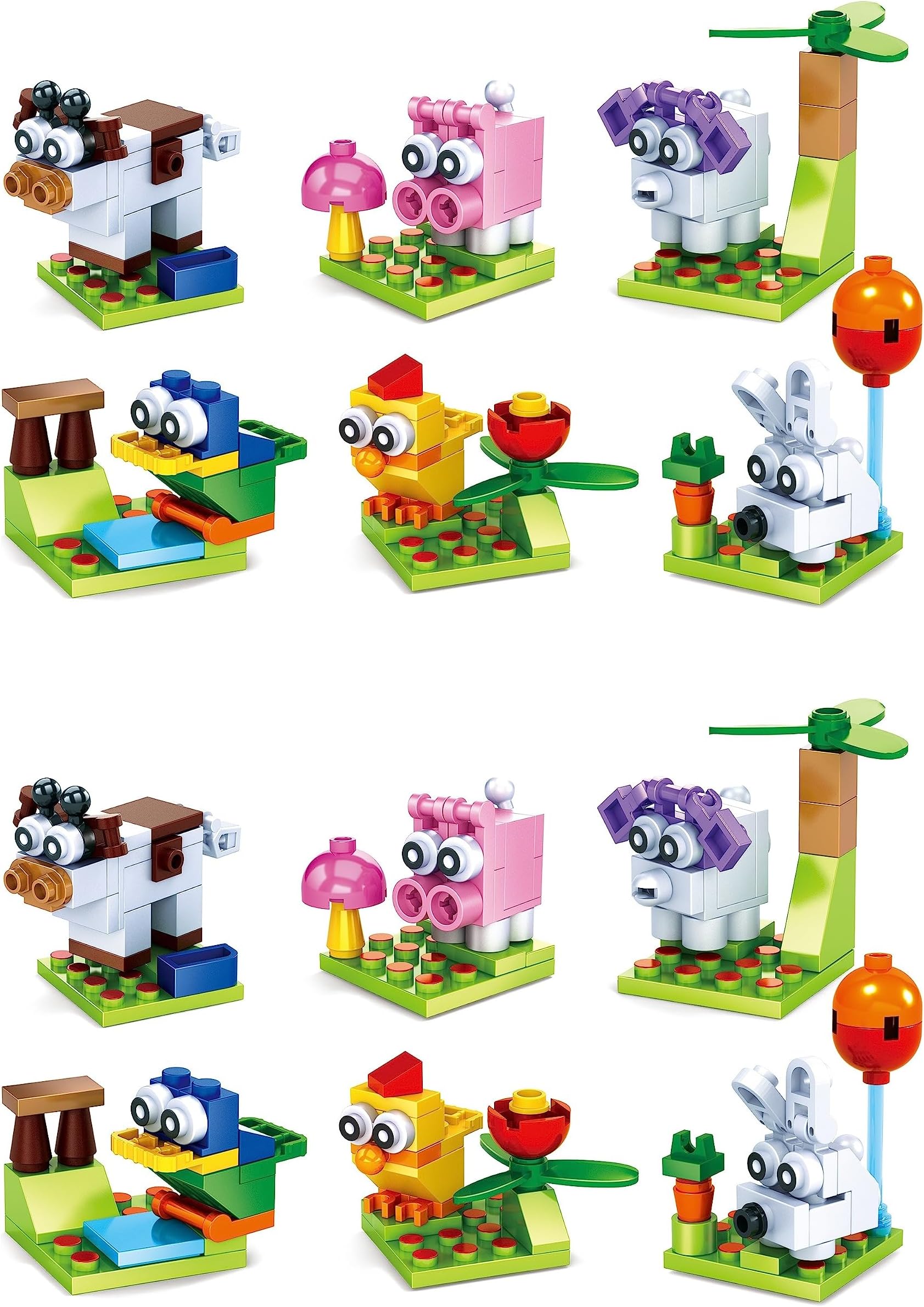 Construction Building Bricks Sets - 12 Farm Animal Blocks Sets that are individually boxed. Comes with 30 Assorted Individual Stickers.