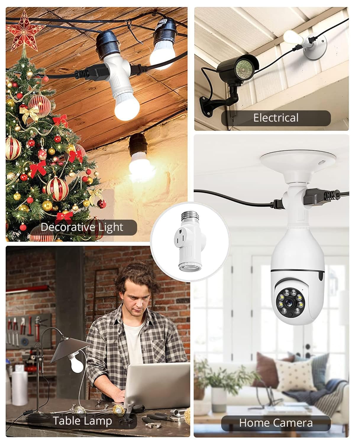 2 Pack Light Socket to Plug Adapter, Convert E26 Light Socket to 3-Prong Outlet Adapter and Light Bulb Socket, White