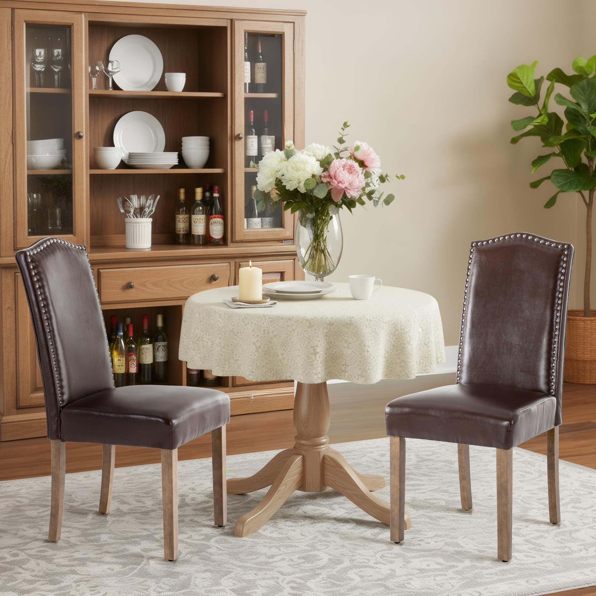 upholstered dining chair stylish parsons kitchen high back with silver nailhead trim & wood legs, 2-pack, pu dark brown