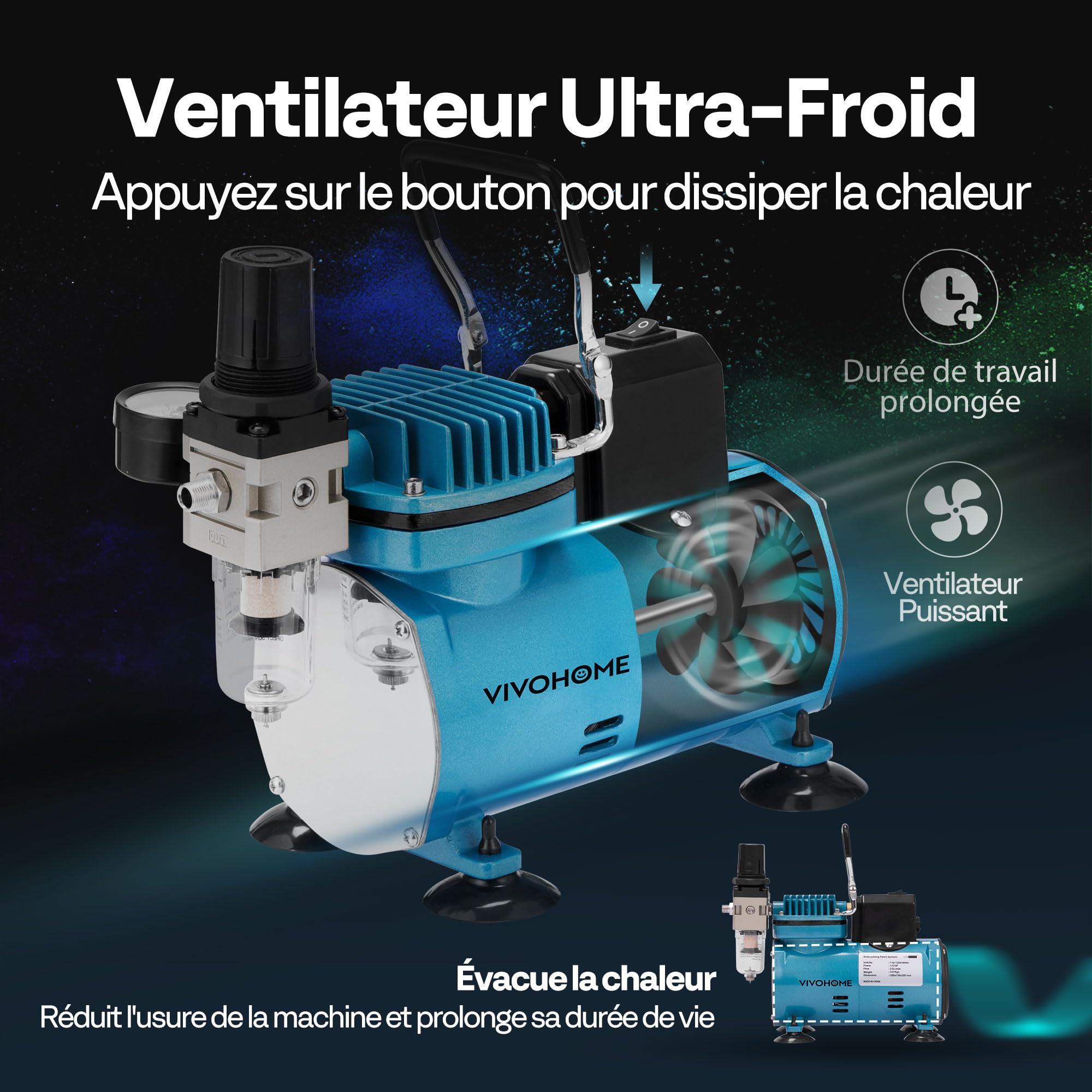 VIVOHOME Compresseur Air Professionnel 1/5 CV avec 3 Pistolets Aérographe Double Action Alimentation par Gravité et Siphon Silencieux avec Support et Brosse Bleu