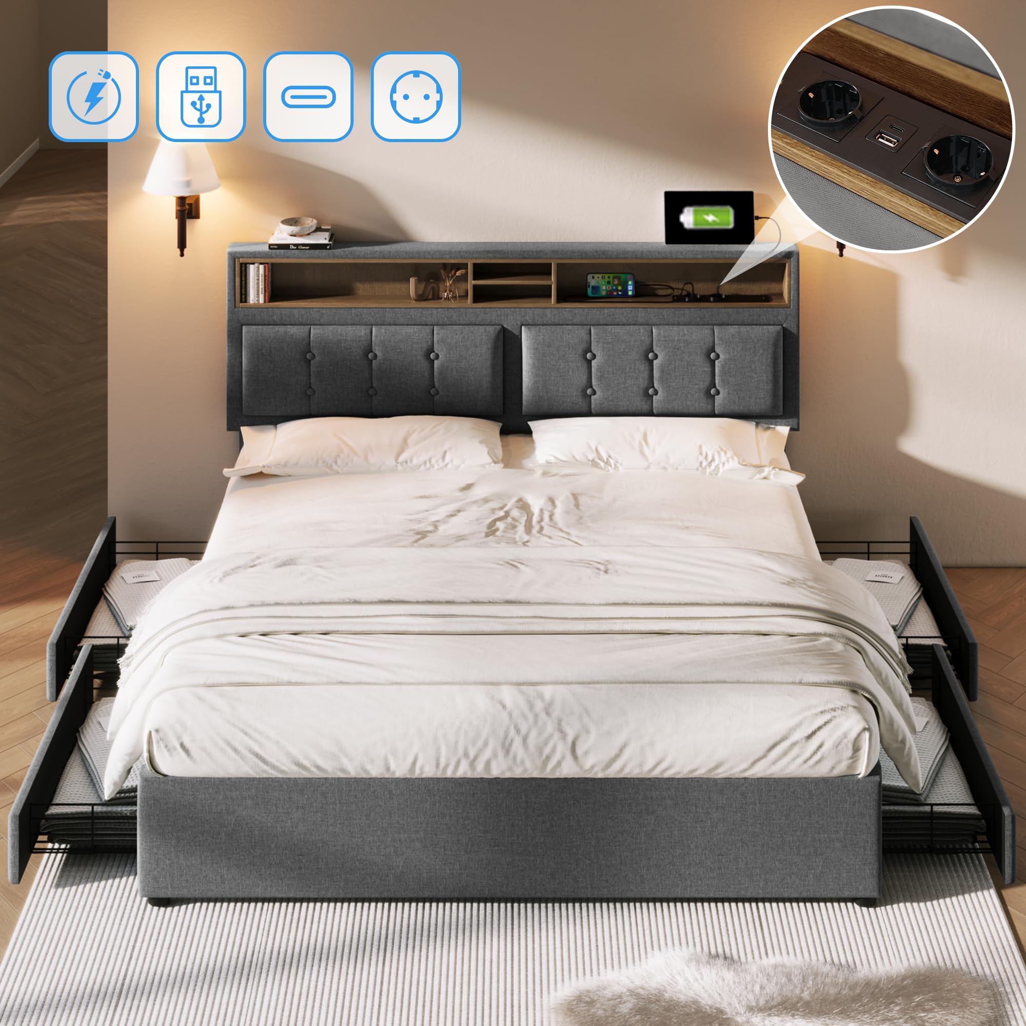 SHAODENG Jeugdbed, 140 x 200, gestoffeerd tweepersoonsbed met USB en ledverlichting, bed met lattenbodem, 4 laden, functioneel bed, opbergbed, rugleuning, bedframe, beige, fluweel, zonder matras