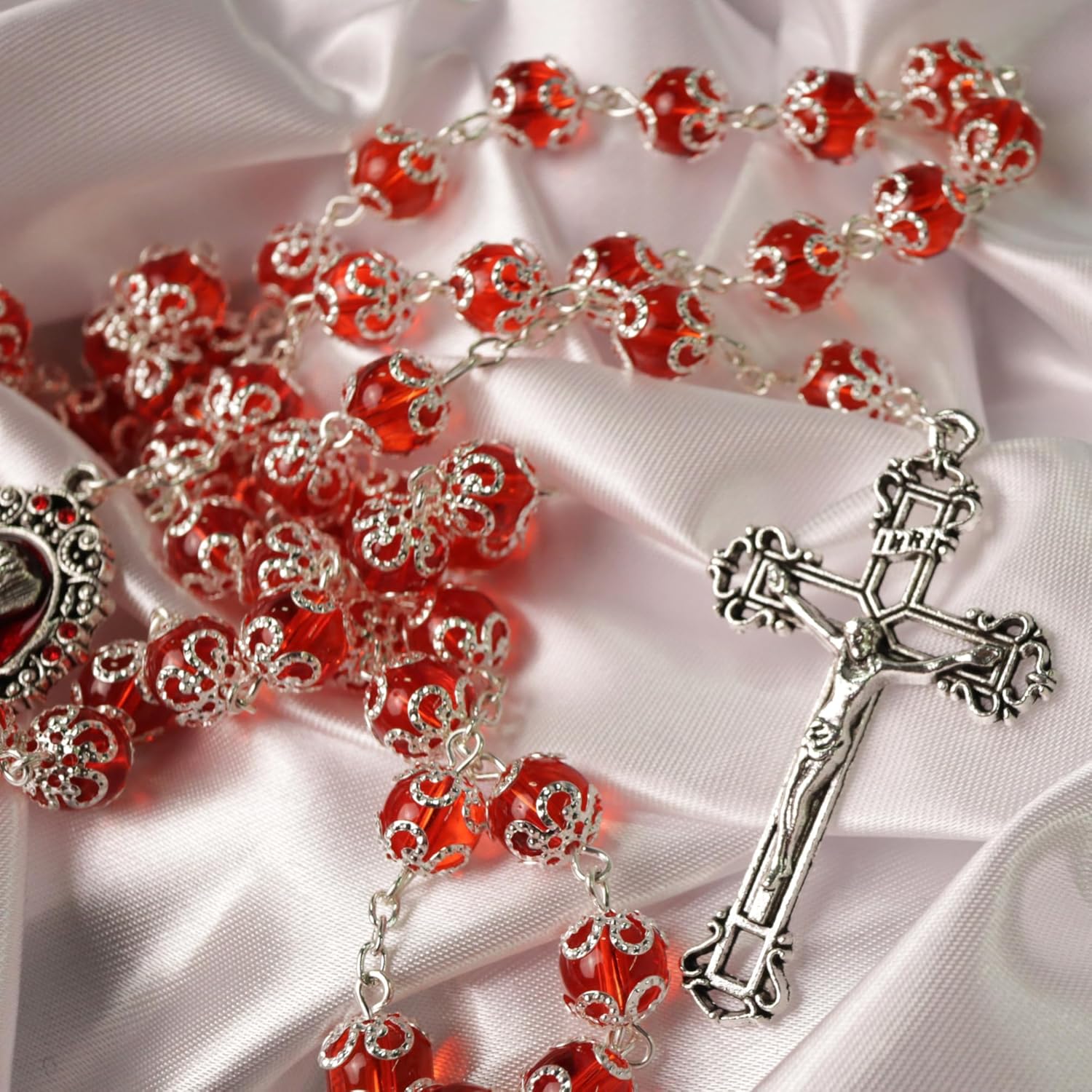Needzo Red Divine Mercy Rosary, Capped Prayer Beads with Metal Crucifix, Catholic Keepsake Gifts, 23.5 Inches - Image 2