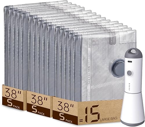 Miniatura 12 de Bolsas de vacío para viajes con bomba de aire recargable, paquete de 15 bolsas de compresión de embalaje de tamaño equipaje de mano para equipaje y