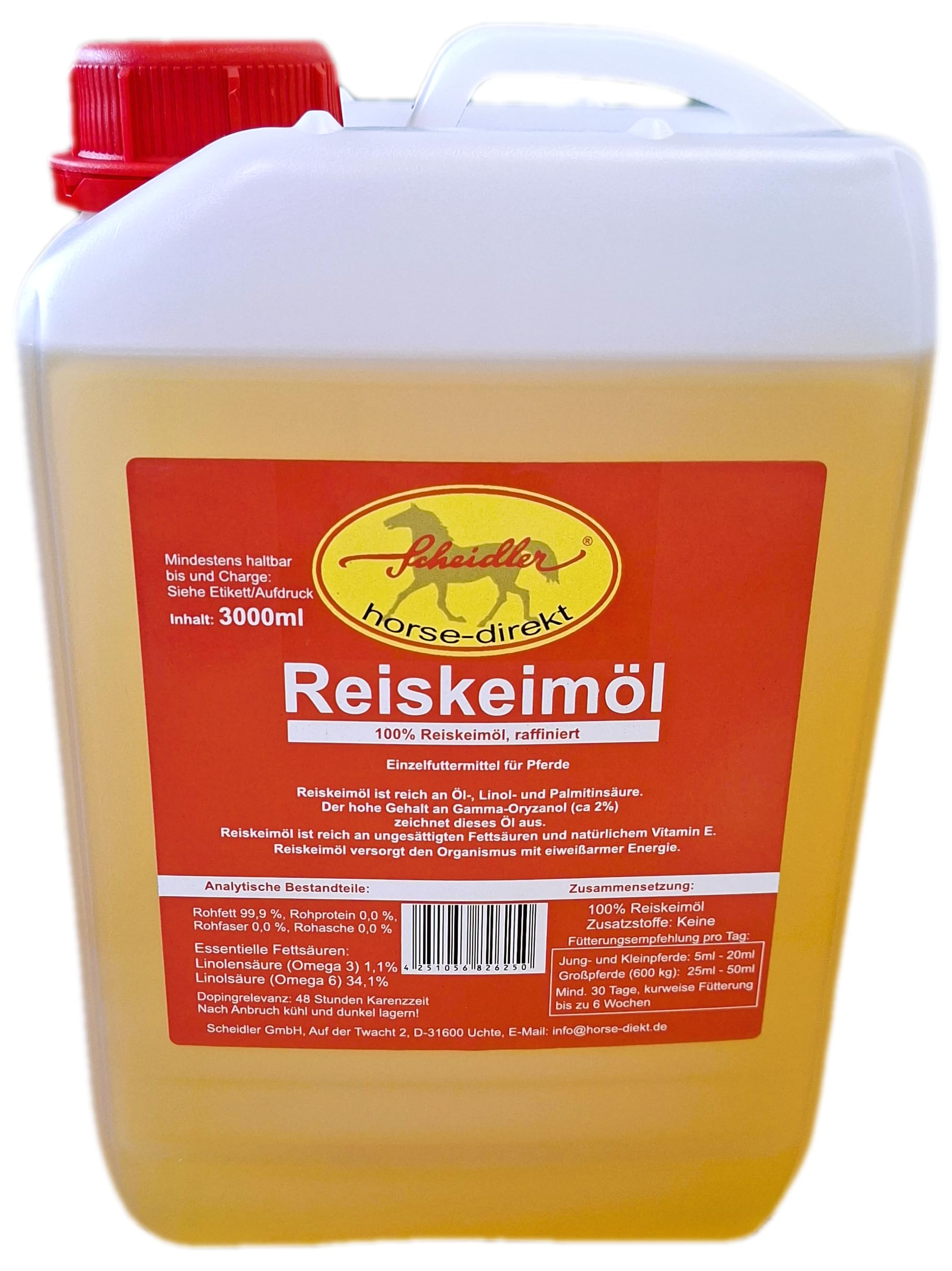 Scheidler Horse-Direkt Bidón de aceite de germen de arroz de 3 litros para caballos – Puede ayudar a desarrollar los músculos naturales