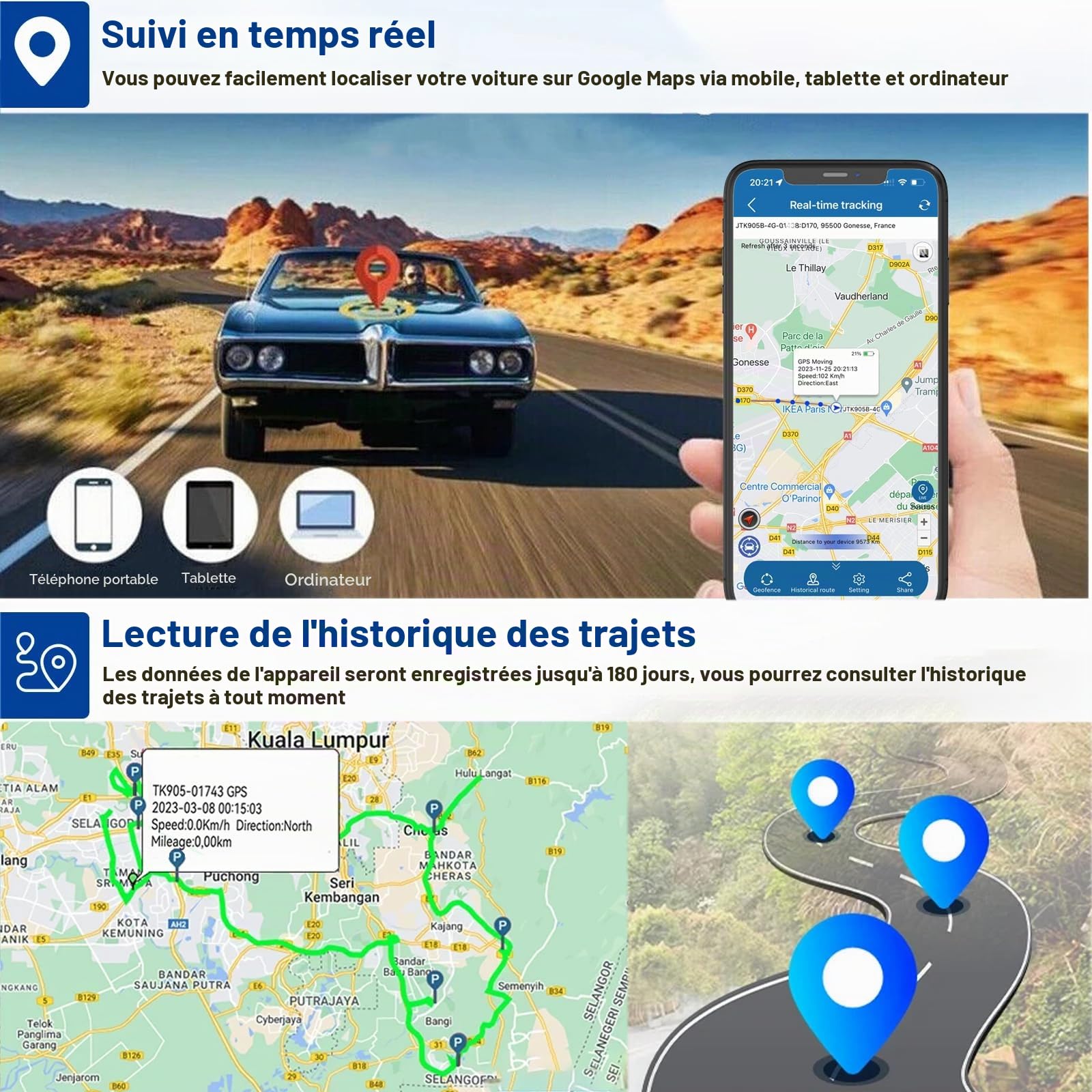 Tracker GPS avec Micro Winnes Traceur GPS Voiture 120 Jours en Veille Positionnement en Temps Réel Traqueur GPS avec Fort Magnétique et étanche IP65 App Gratuite Géolocalisation pour Voiture Moto Vélo
