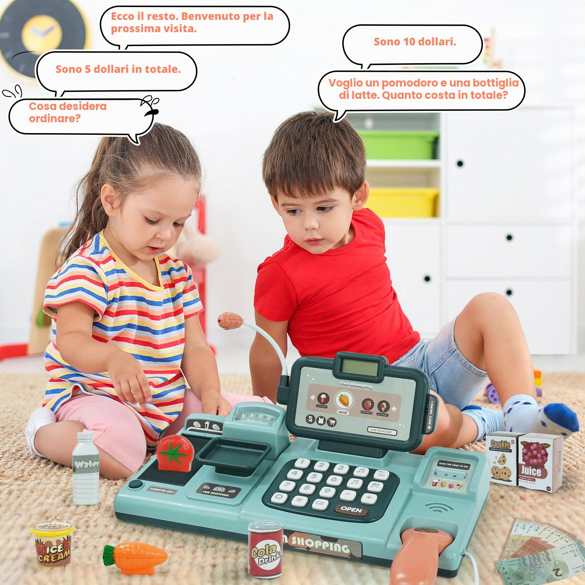 Registratore di Cassa Elettronico Supermercato Giocattolo con Suono, Cibo, Cestino della Spesa Bambina 3 Anni, Supermercato Giocattolo per Bambini con Scanner Microfono