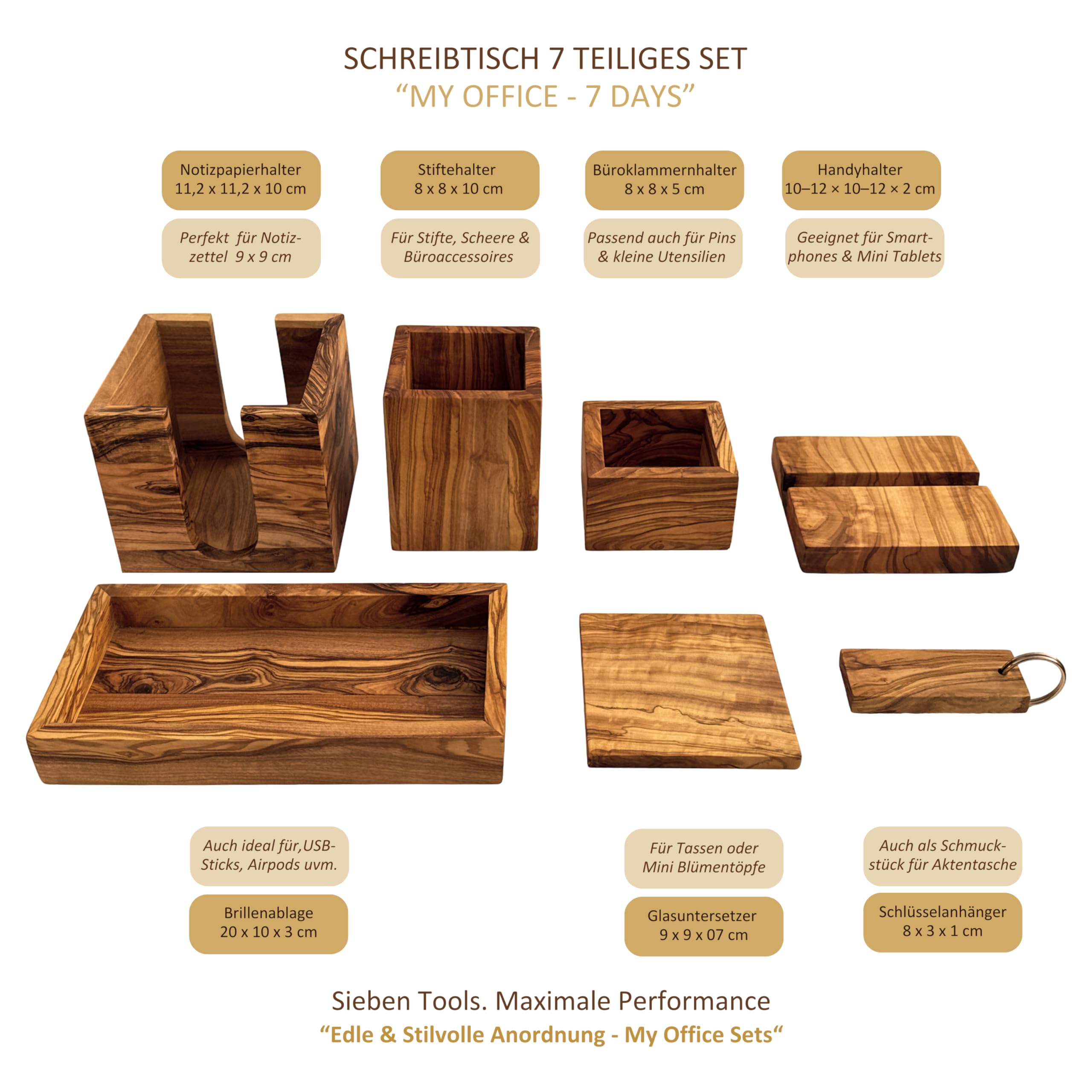 Set scrivania in legno d'ulivo "My Office – 7 Days" – Organizer da 7 pezzi per organizzare il posto di lavoro