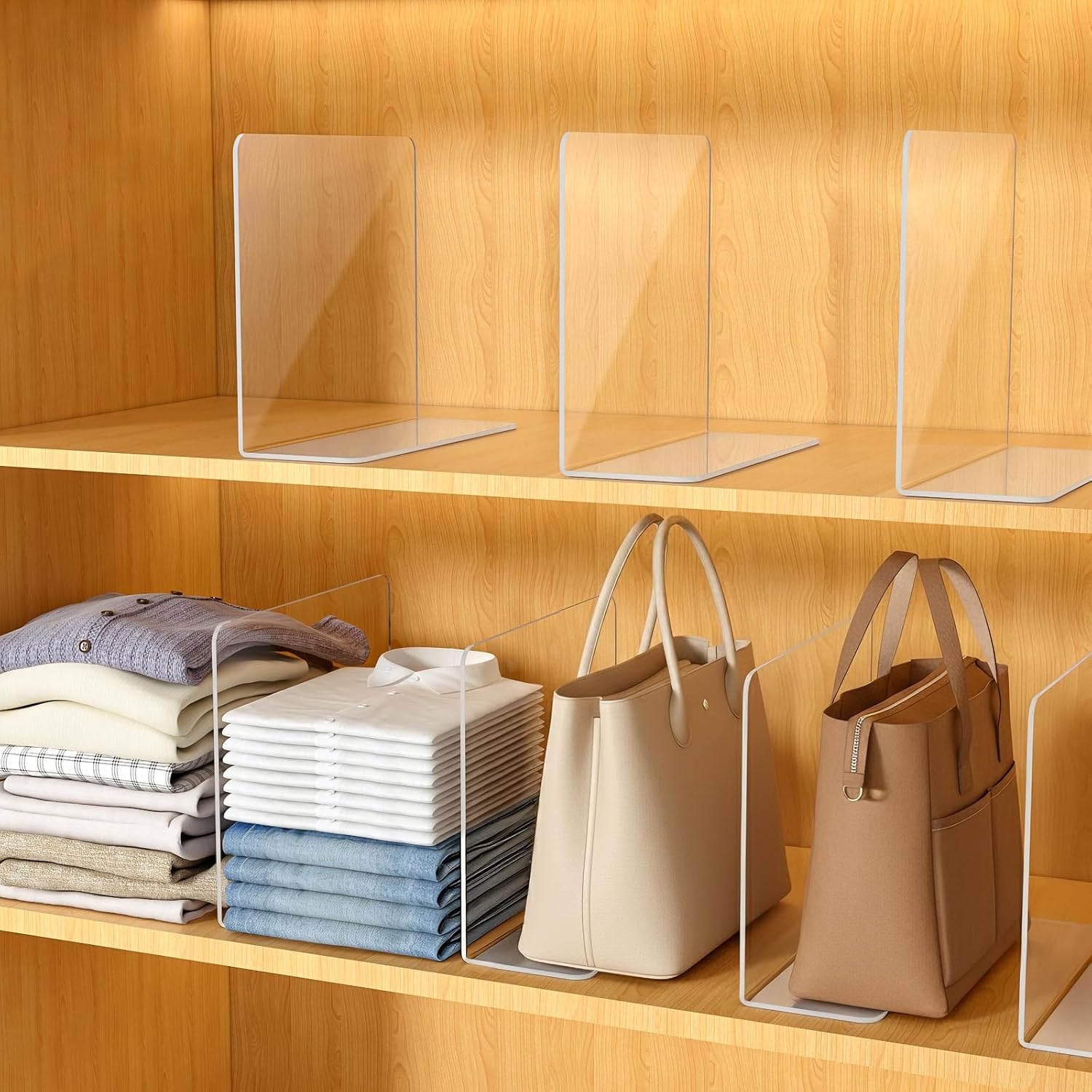 Shelf Dividers for Closet Organization – Acrylic Clear Sturdy Dividers to Keep Clothes, Sweaters & Purses Upright, Free-Standing for Wood Shelves, 10" Tall x 12" Deep, 8 Pack