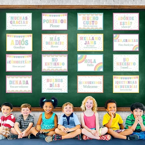 Miniatura 7 de Juego de 16 pósteres de palabras y frases en español con frases en español, tablón de anuncios, decoración de aula de español para profesores,