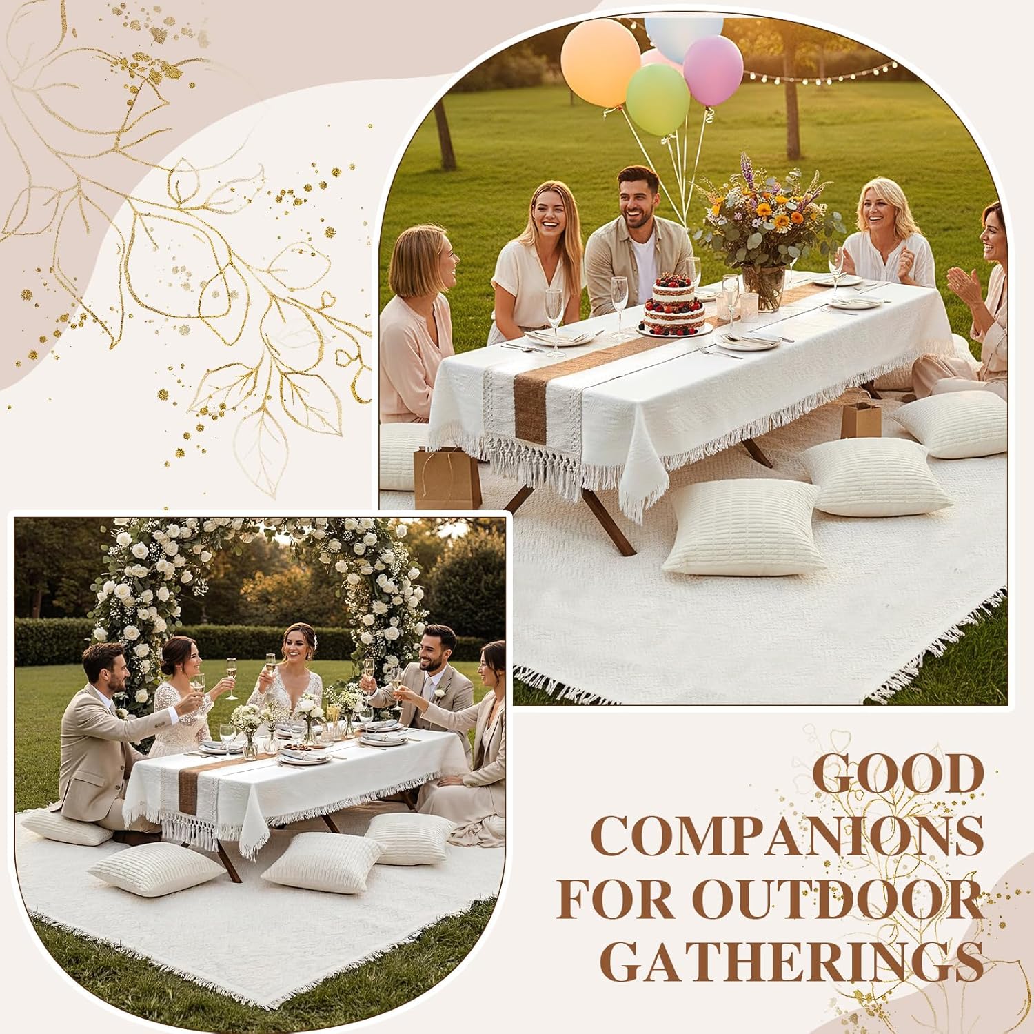 Novabright 10 Pcs Boho Picnic Kit Folding Picnic Table 59'' x 20.5'' Extra Large Outdoor Boho Blanket 91'' x 71'' Beige White Table Runner Pillow Cover Woven Cotton Oversize Washable for Camp Wedding