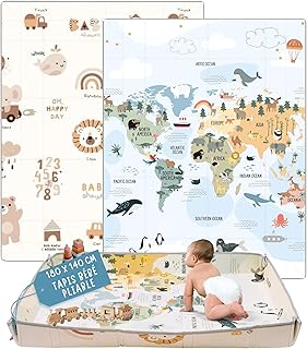 HuBorns - Tapis Bebe Pliable 200x180, Tapis d'Eveil Bebe Reversible avec Bord Renforcé pour Plus Sécurité, Tapis de Jeux Bebe Epais avec Protection Anti-Chute, Tapis Exterieur Lavable (CARTE M)