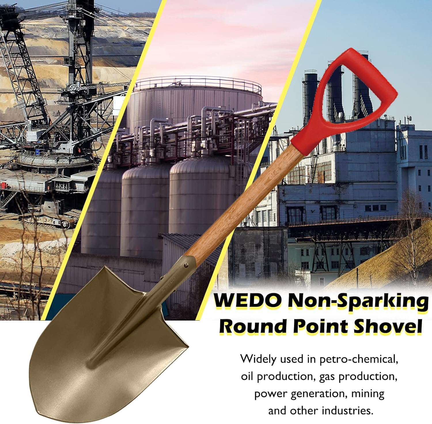 WEDO Okrągła łopata nieparkingowa z drewnianym uchwytem i wygodnym uchwytem D, szpadel do kopania bez iskier, długość 1030 mm, brąz aluminiowy, standard DIN, certyfikat BAM i FM