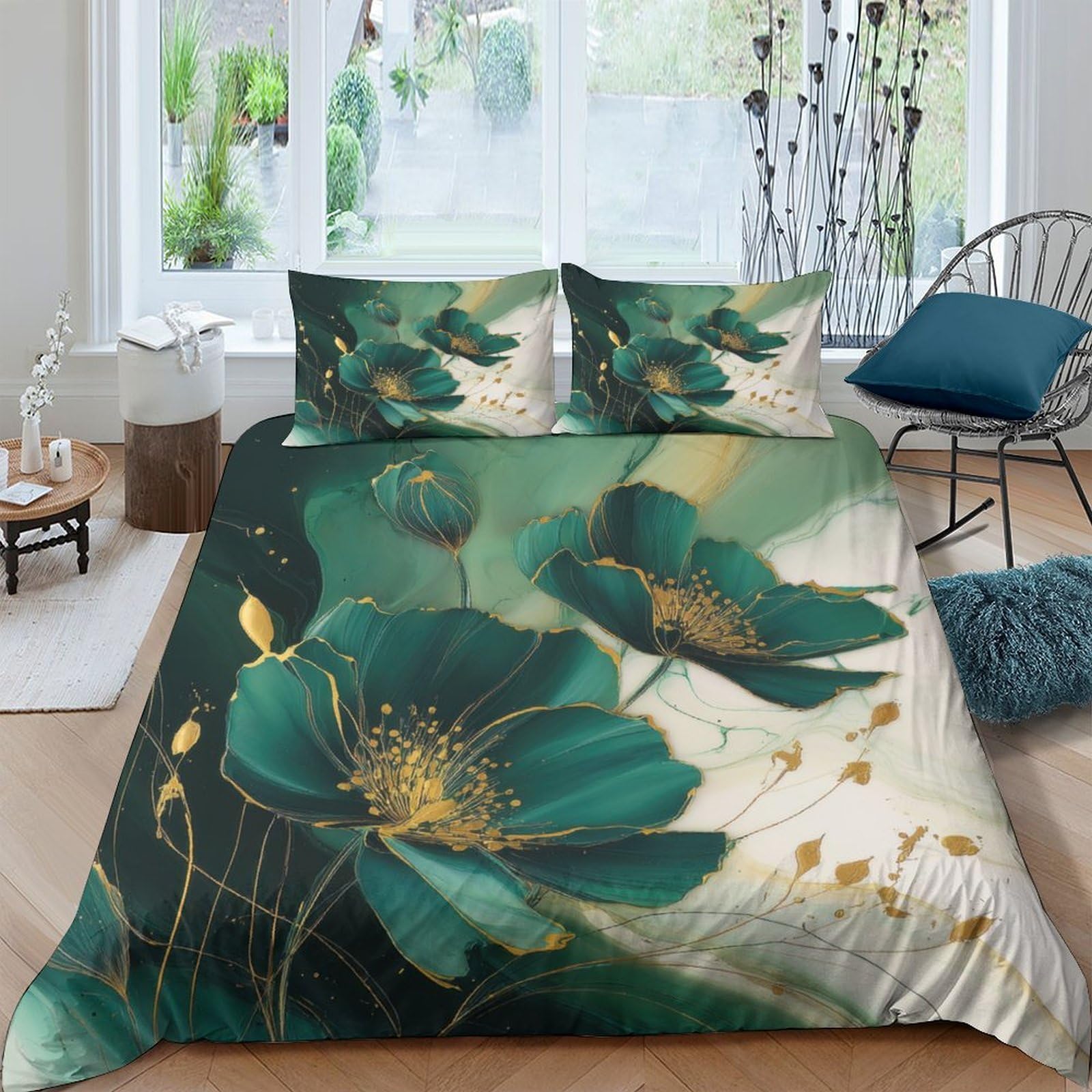 Ctjqhvkz Style-5 3D Printed Teal Floral Fitted Sheet Microfiber Soft Breathable Gold Leaf Bed Cover For Bedroom Guest Room Decor Single（135X200cm）